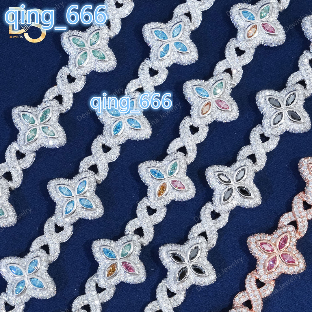 Hip Hop Jewelry 15mm Marquise Flower Design Iced Out Unisex Moissanite Cuban Link Chain 925 Silver Moissanite Bracelet