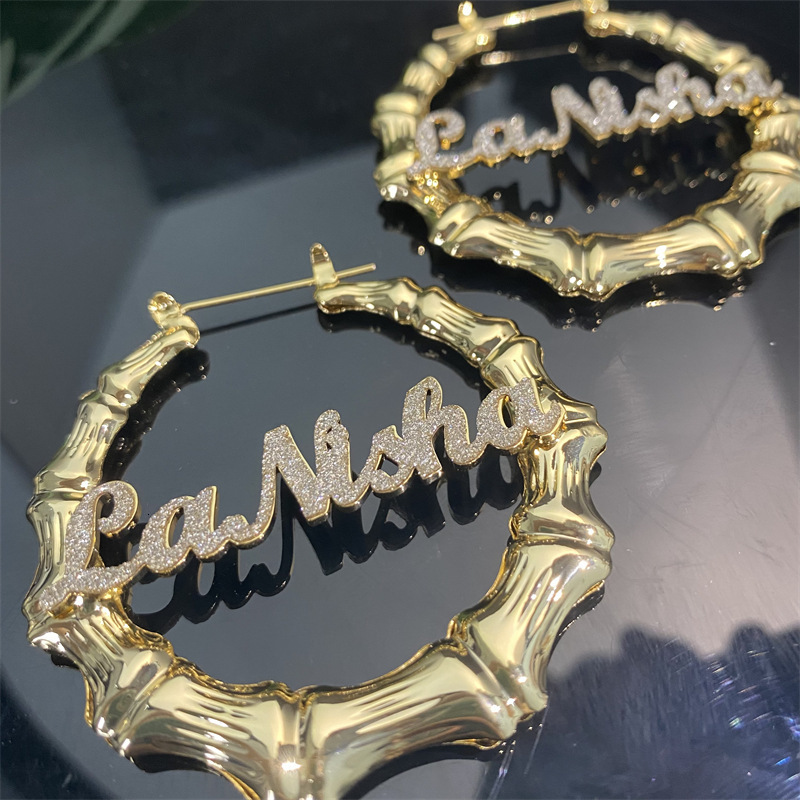 Personalise Bling Bamboo Hoop Name Earring Stainless Steel Earrings Bamboo Style Custom Hiphop Name Jewelry For Her 250327