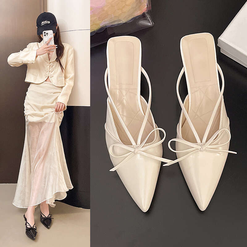 2025 Summer New Slimming Thin High designer shoes Heels Pointed Mid Heel Closed Toe Half Slippers Women's Sandals