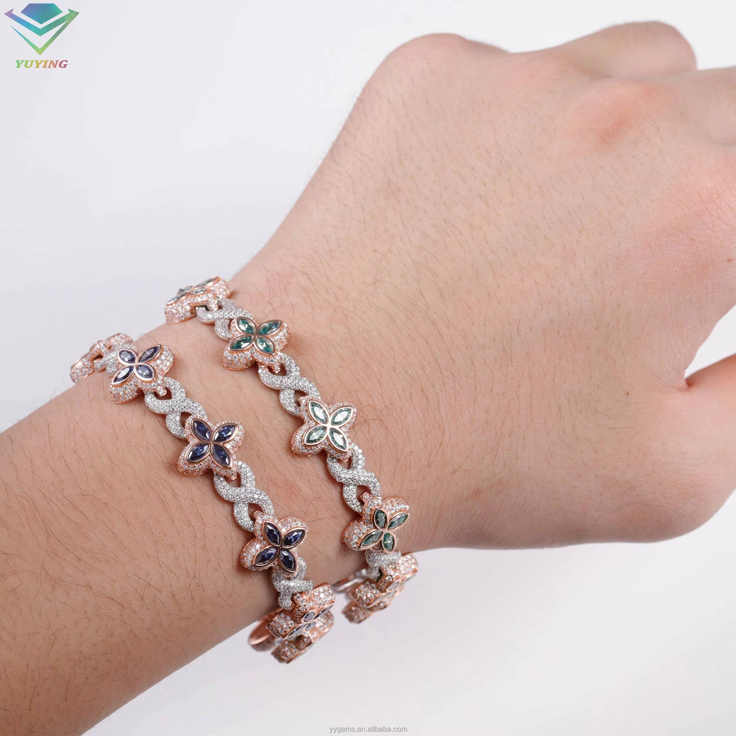 Fashion Hip Hop Jewelry 12mm Rose Gold 925 Sterling Silver Colored Moissanite Diamond Four Leaf Clover Infinity Link Bracelet