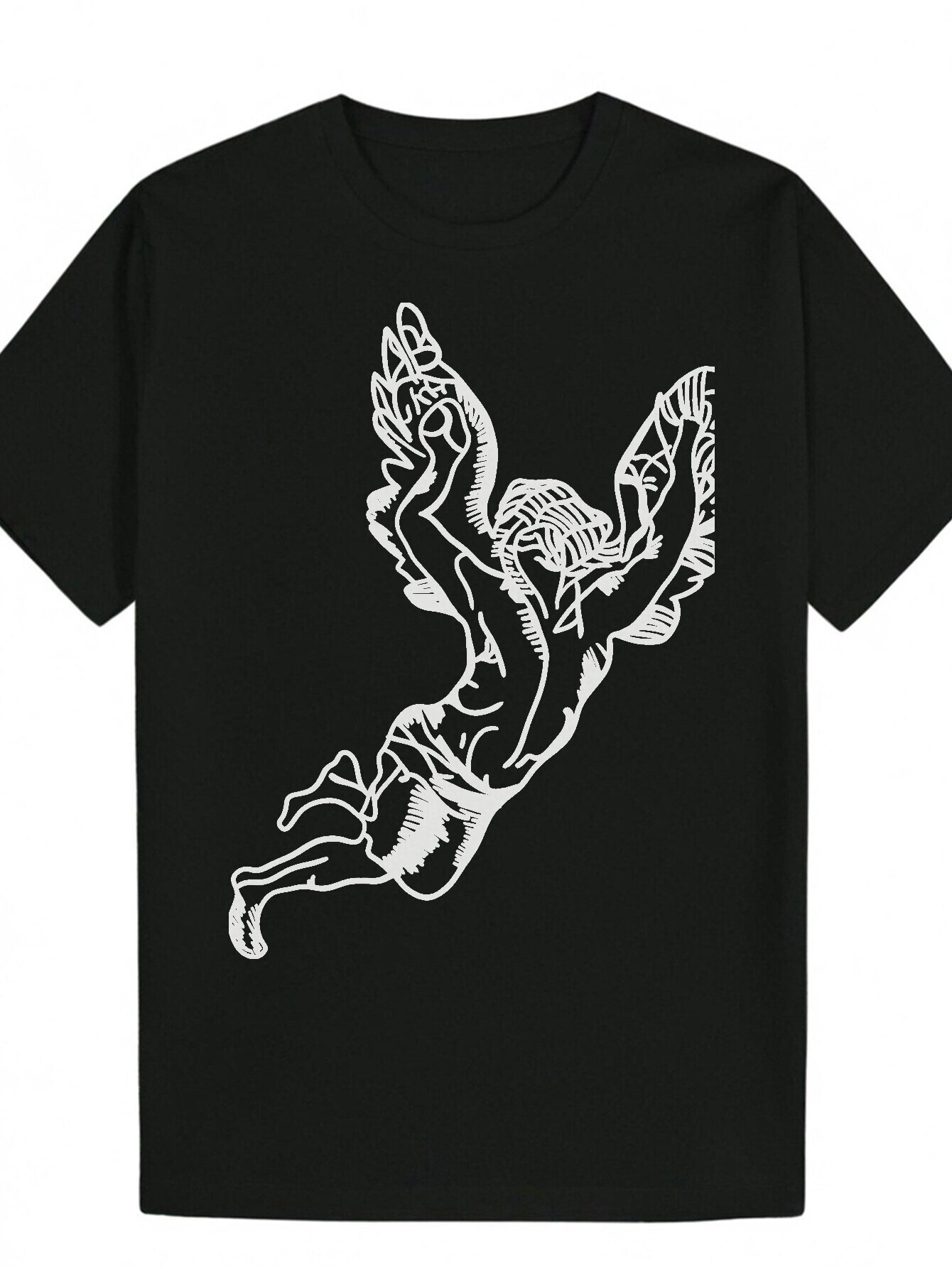 Men's Black Pattern T-Shirt, Polyester Fiber, Artistic Flying Bird Design, Machine Washable, and Breathable, Suitable for Wear, Summer Casual Wea