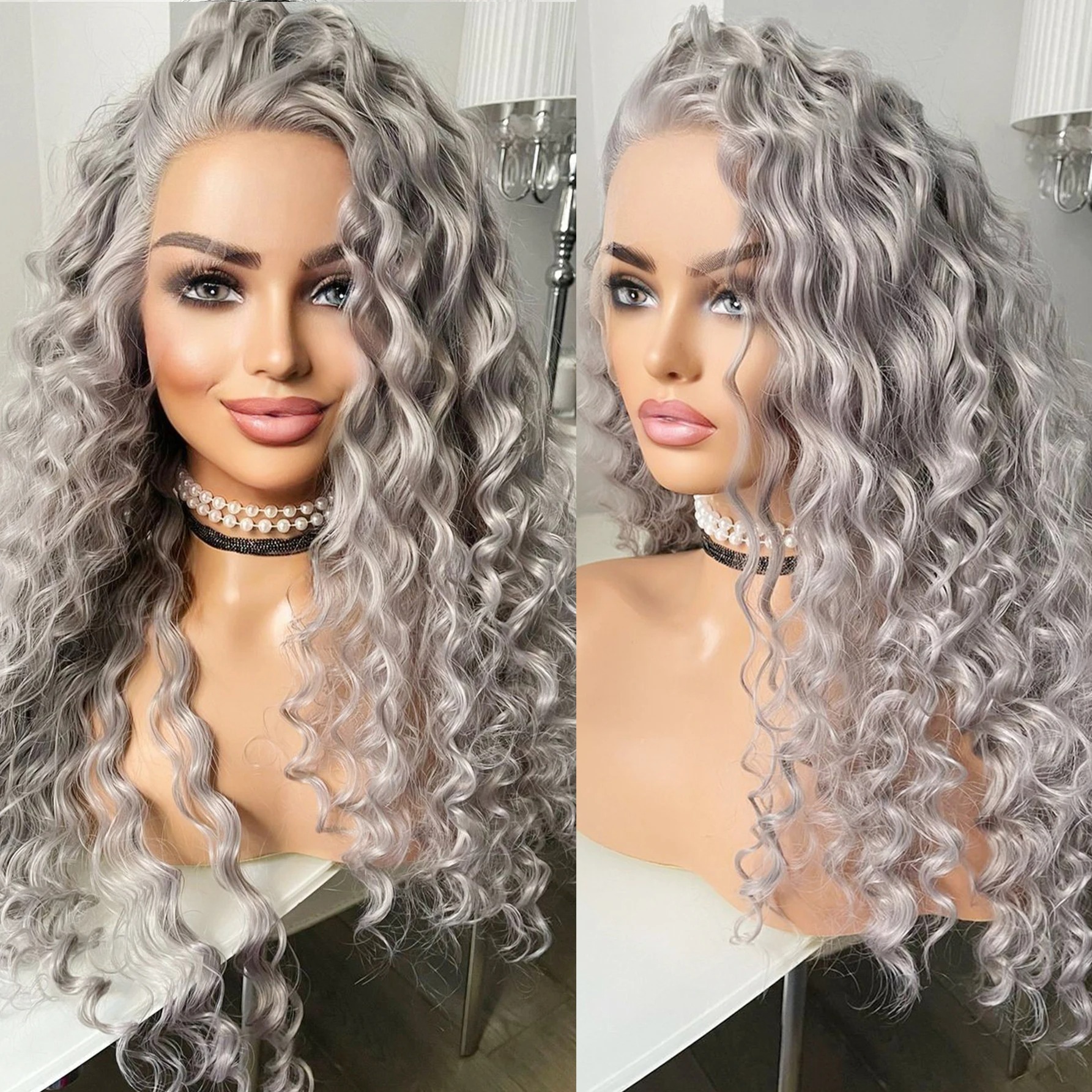 Silver Grey Long Curly Lace Front Glueless Wig 13x4 for Women Middle Part Natural Hairline Lace Frontal Wigs Synthetic Daily Party Use