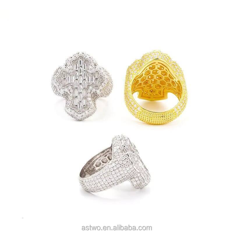 925 Sterling Silver Cross Moissanite Ring Hip Hop Baguette Cut Statement Jewelry Moissanite Hip Hop Ring