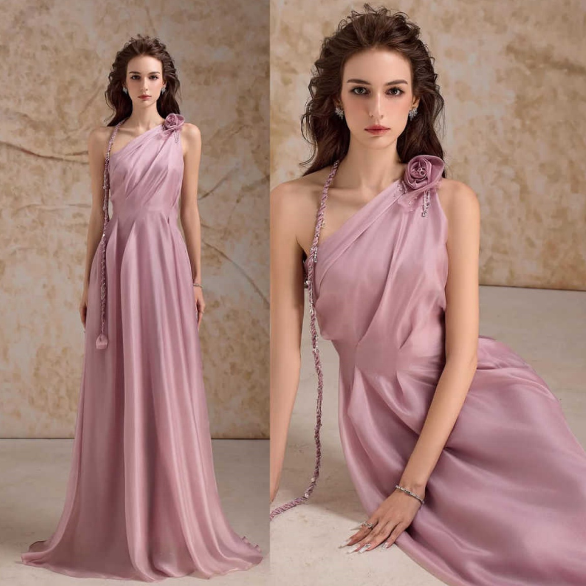 New Design One Shoulder Evening Dress Pleat Flower Sleeveless Party Dresses Floor Length Modern Style Cocktail Prom Gowns