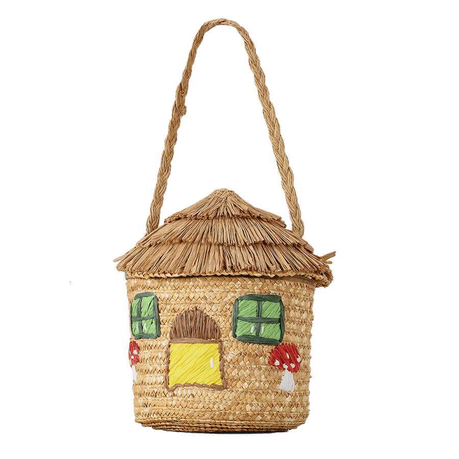 Creative Cartoon House Women Shoulder Bags Paper Woven Cute Handbags Handmade Summer Beach Bag for Children
