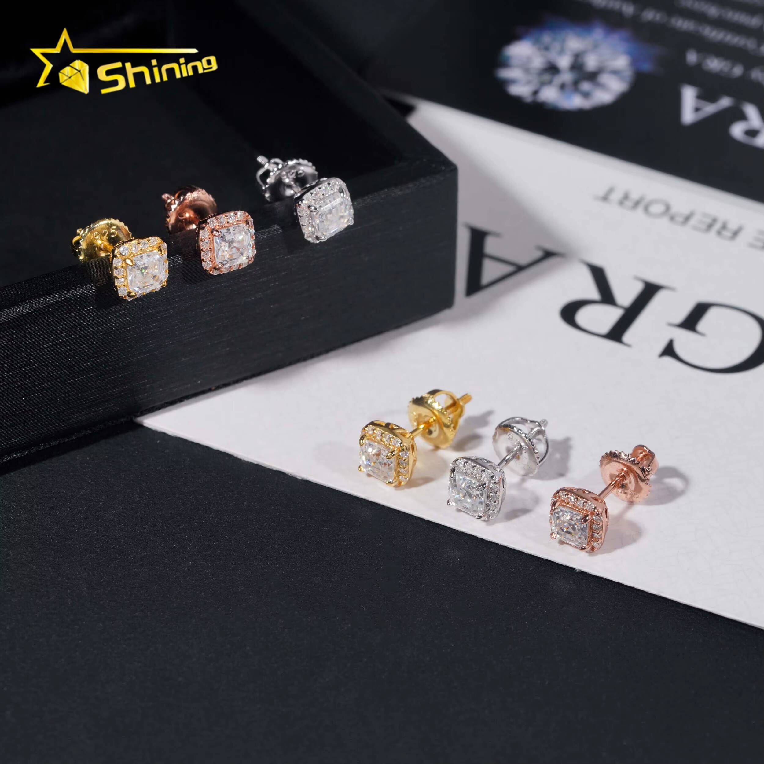 Pass Diamond Tester 925 Sterling Silver Hip Hop Stud Halo 4mm Asscher Cut Mens VVS Diamond Earring