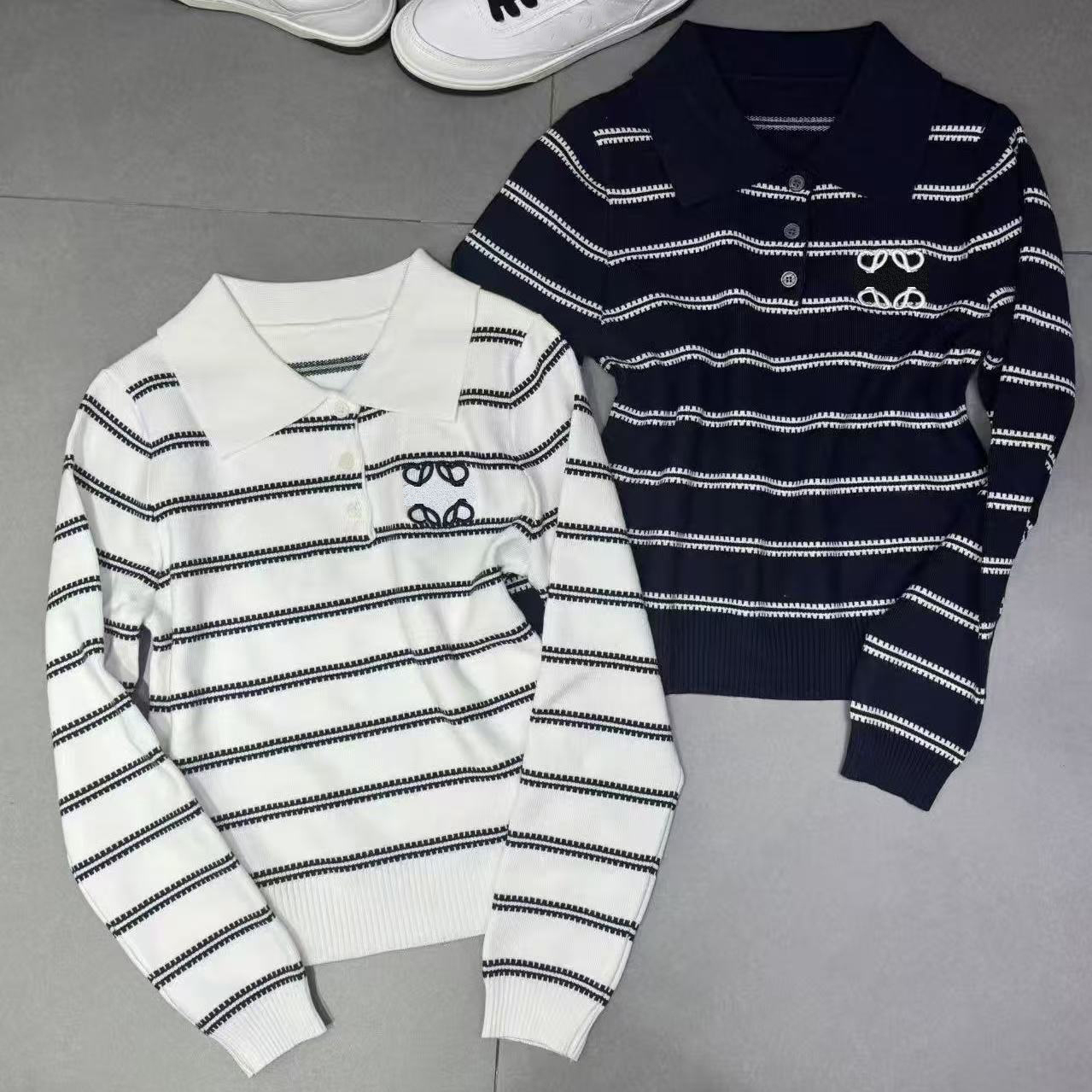 European goods luxury 2025 autumn and winter new embroidery fashion Joker knit striped lapel sweater long sleeve blouse female