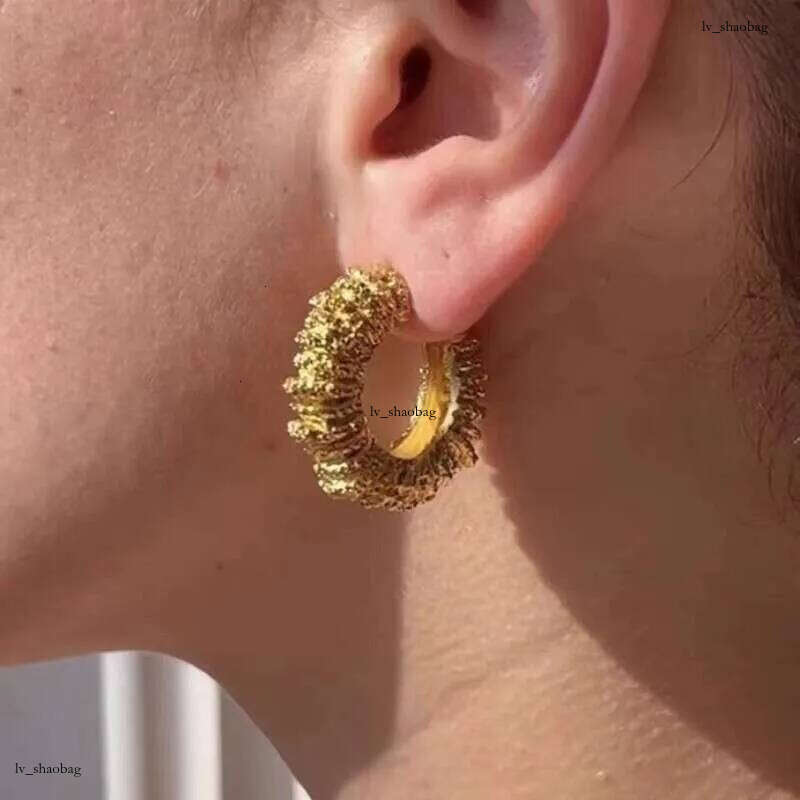 DHcollections 14K Gold Lava Rock Exaggerated Earrings Post-Apocalyptic Style Striped Thread C-Shaped Stud Irregular Ear Jewelry