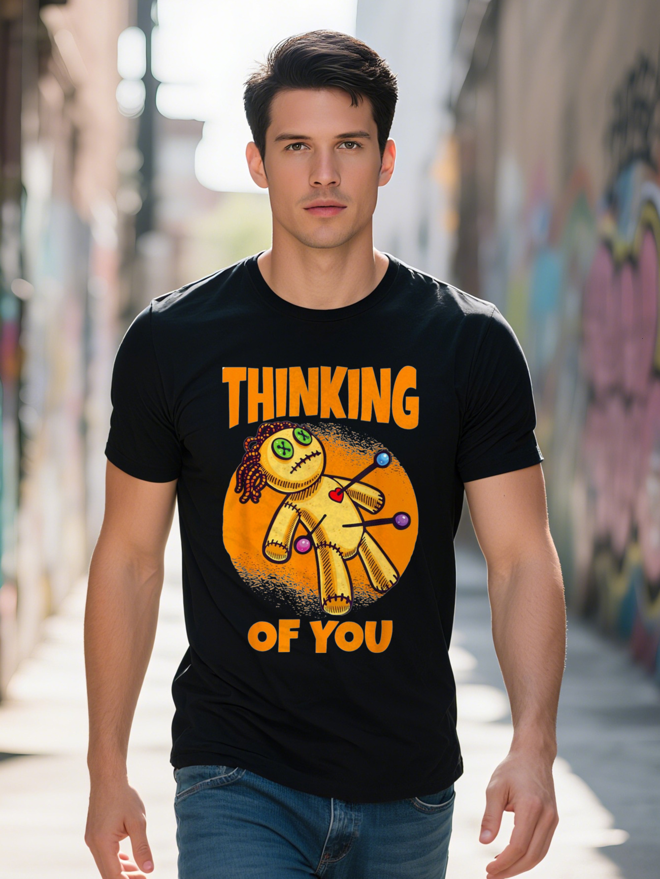 Men s Voodoo Doll Graphic T Shirt Cotton Short Sleeve Funny Thinking of You Design with Colorful Lights e165d