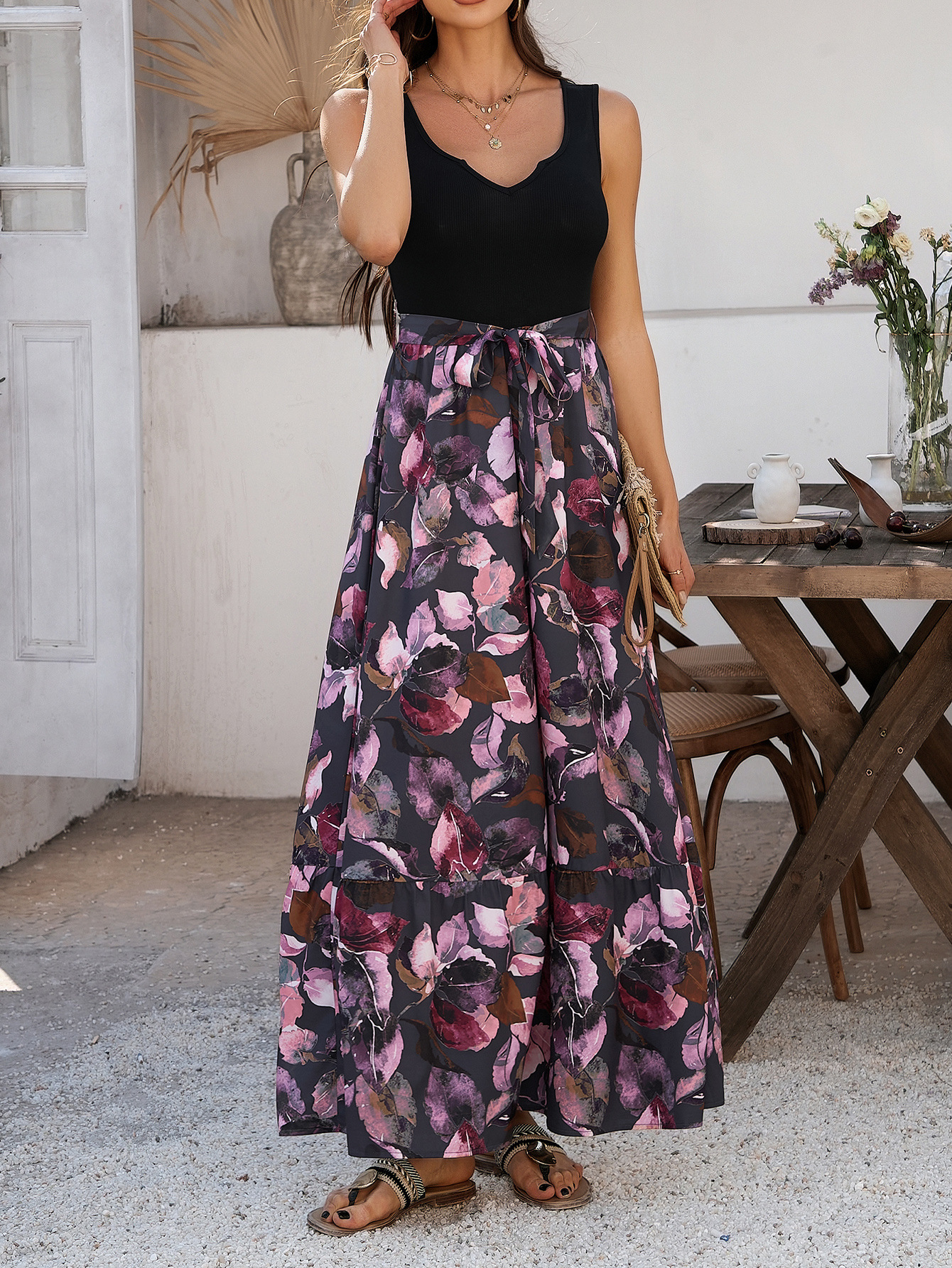 D811Printed Tie-Drape Maxi Dress Women's 2025