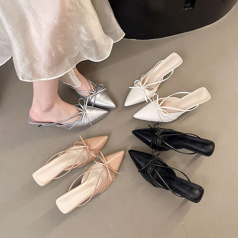 2025 Summer New Slimming Thin High designer shoes Heels Pointed Mid Heel Closed Toe Half Slippers Women's Sandals