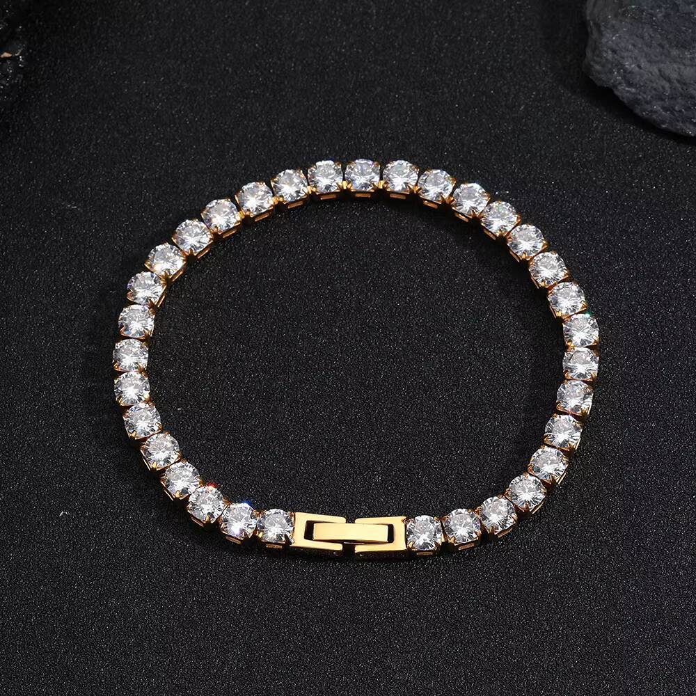 Fashion Shiny Cubic Zirconia Tennis Chain Wrist Bracelet Bangle for Women Men Gold Plated Stainless Steel Fine Jewelry