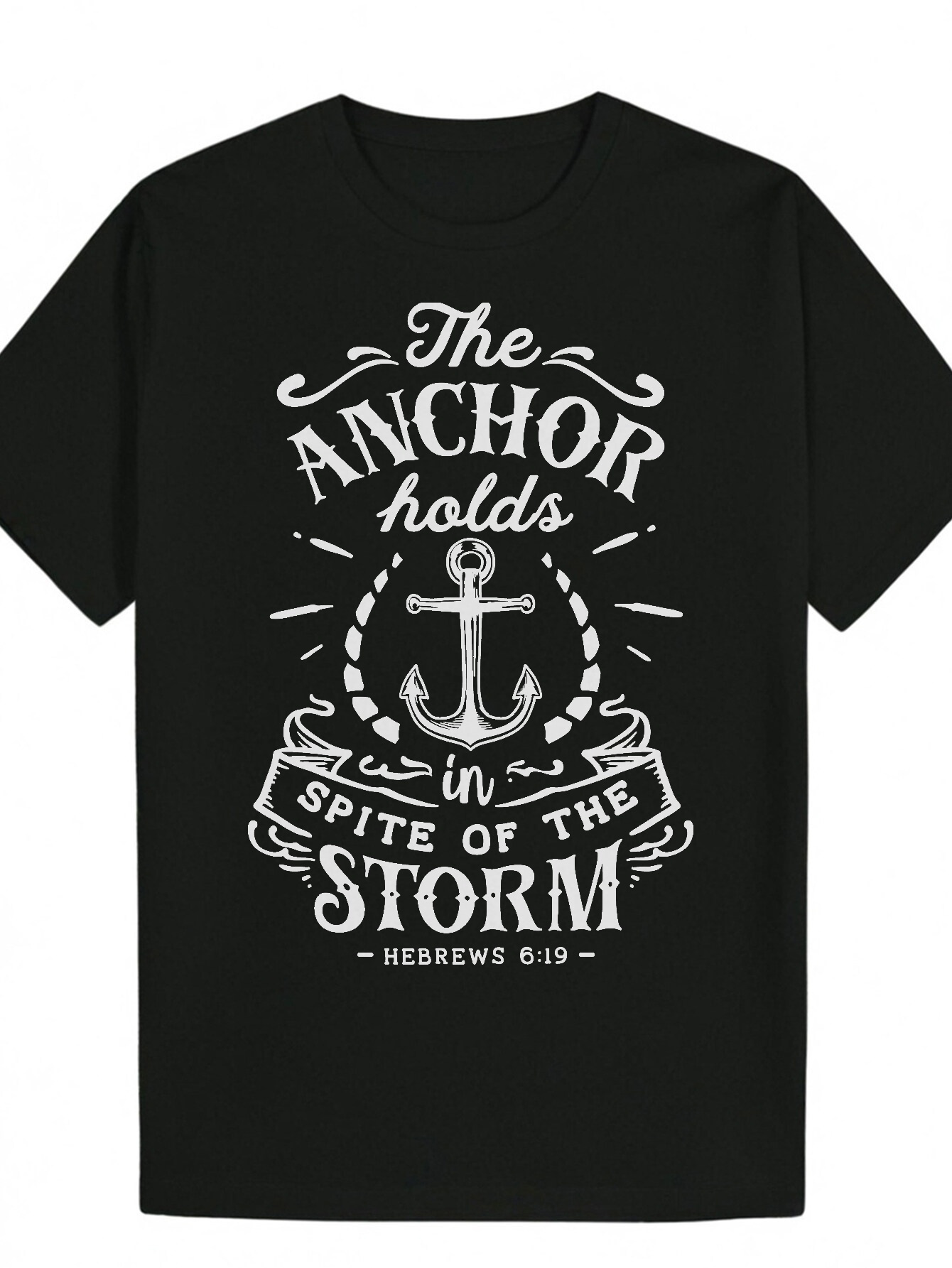 Men's Inspirational Quote - Hebrews 6:19, Black Casual Crew Neck, Polyester Fiber, Summer T-Shirt with Anchor Pattern, Loose Fit T-Shirt|Round Ne