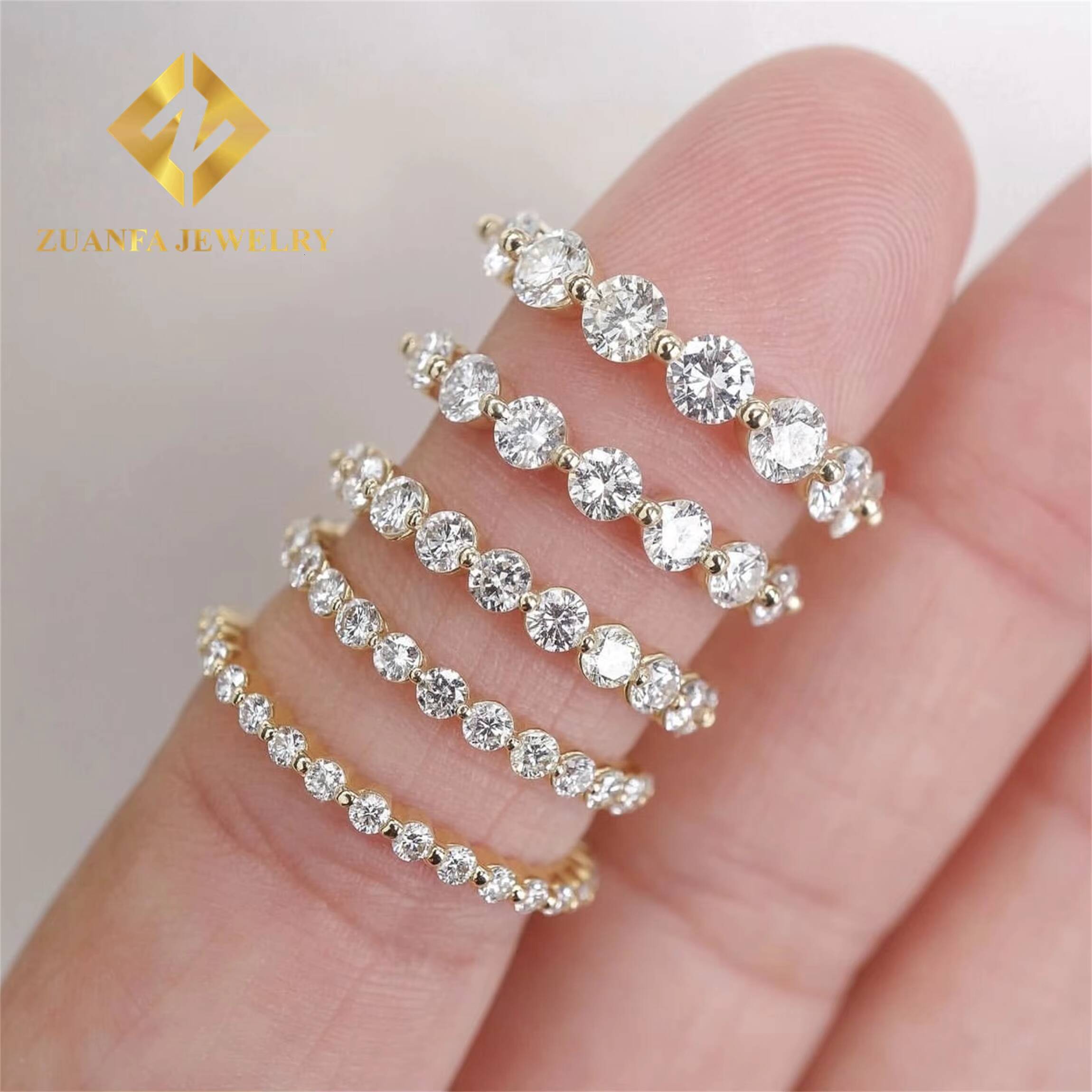 Wedding Prong Setting Bridal Jewelry 10k Yellow Gold VVS1 Round Moissanite Diamond Half Band Engagement Eternity Band Ring