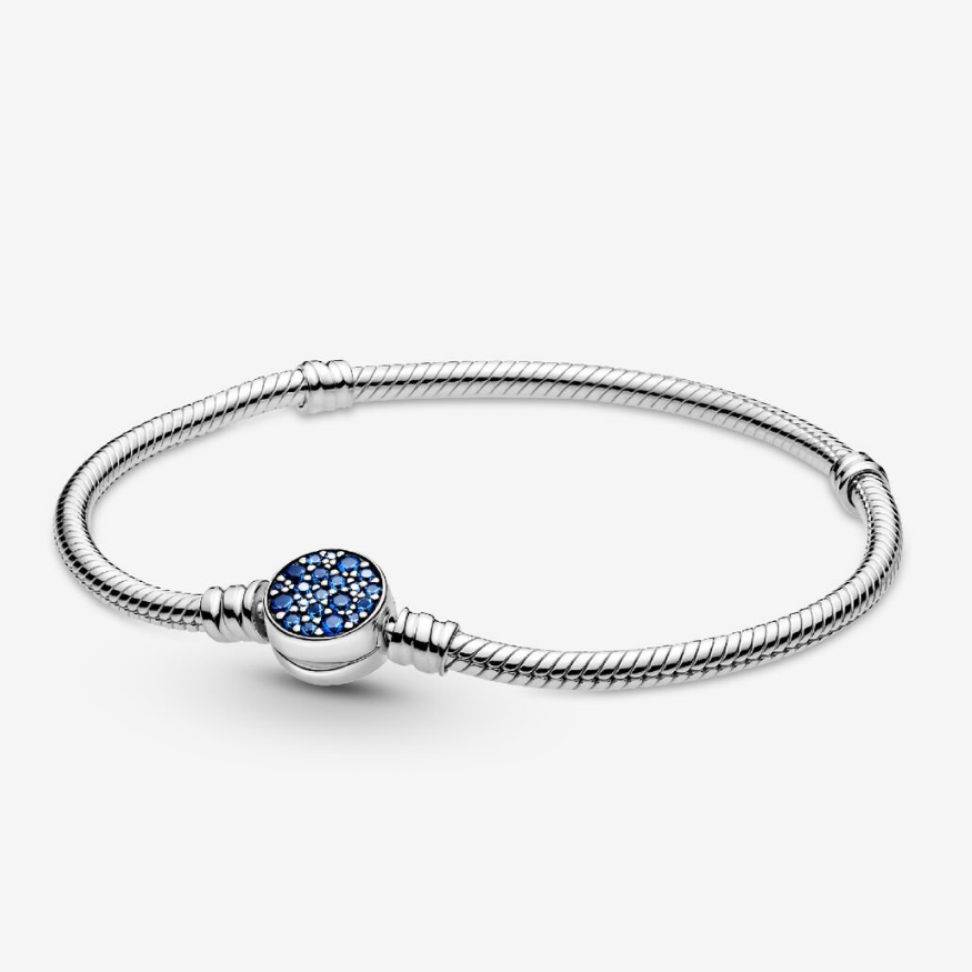 925 Sterling Silver Moments Sparkling Blue Round Clasp Snake Chain Bracelet Pave Blue CZ Chain Bracelet Jewelry Gift For Women