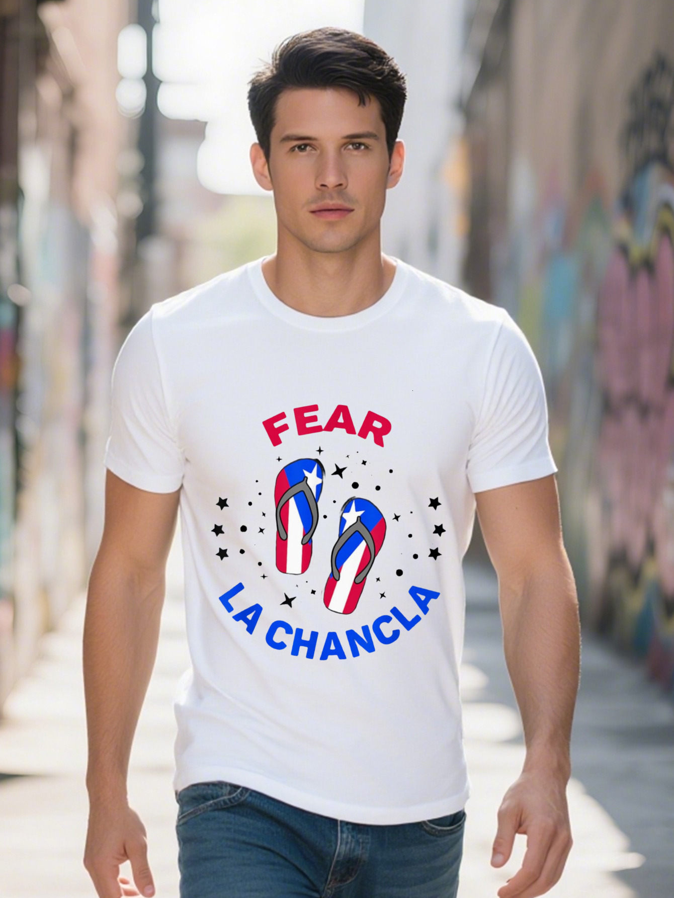 Men s Pride Fear La Chancla Graphic T Shirt Cotton Short Sleeve Fit Black with Bold Red Blue Print Lightweight 56331