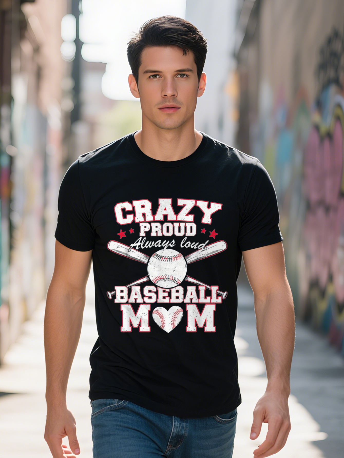 Men s Mom Graphic T Shirt Cotton Crazy Proud Always Loud Funny Design with Baseball Illustration 56ee7