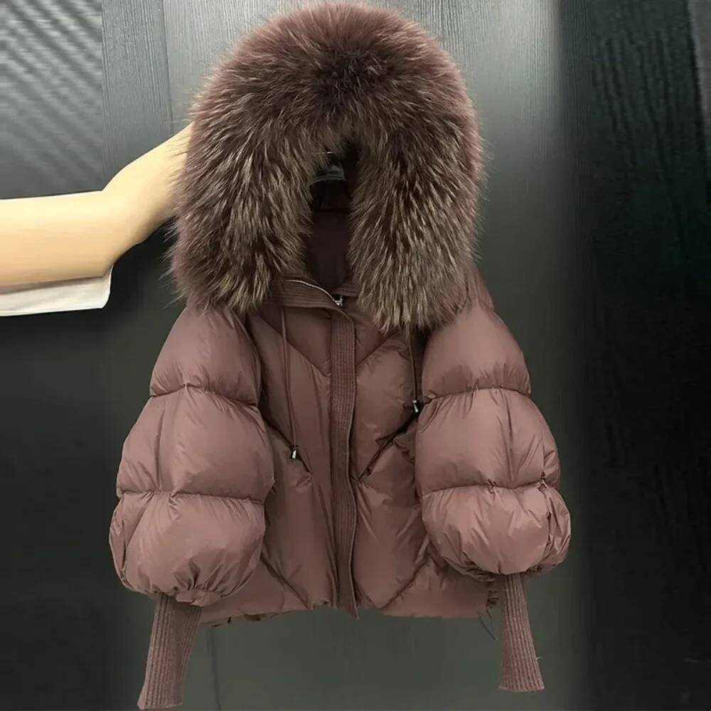 White Duck Down Coat Women Real Fur Hooded Puffer Jacket Thicken Warm Knitted Sleeve Mid Long Parka New Winter Large
