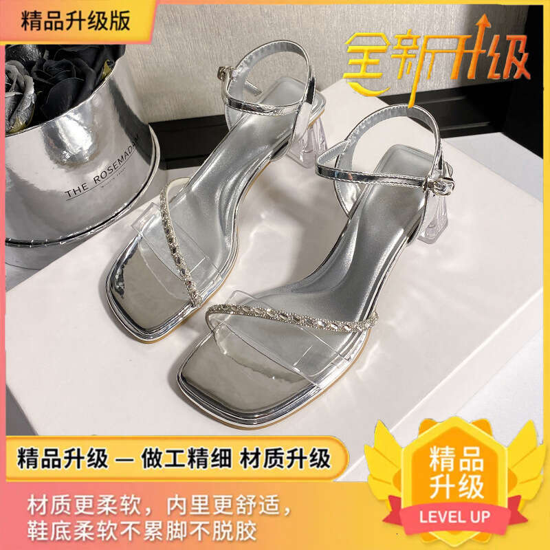 2025 Summer designer shoes New Rhinestone Sandals One-Strap Chunky Heel Slippers for Women to Wear with Dresses Stunning Slimming High Heels