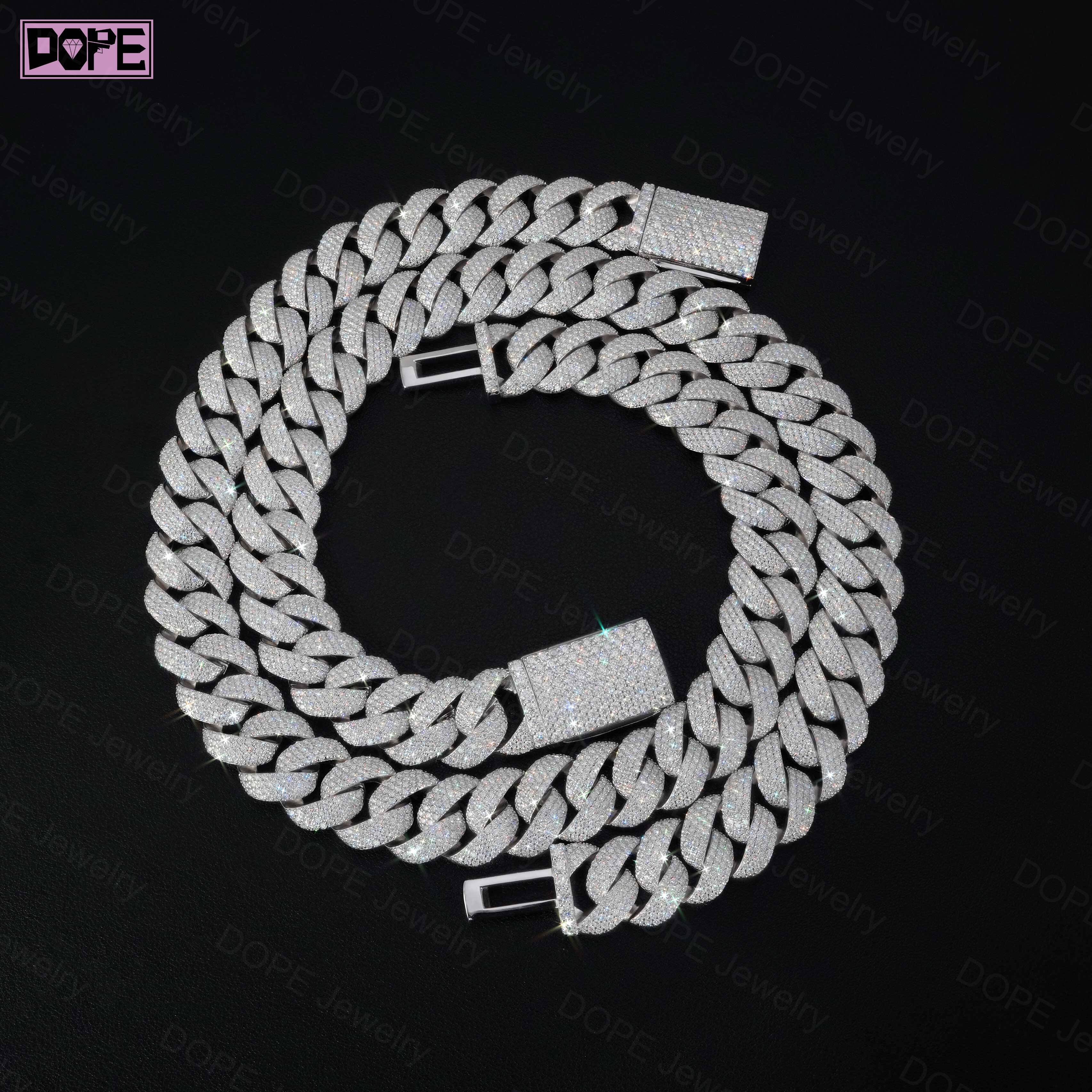 USA Stock 18mm 20mm 22mm Moissanite Chain Iced Out Jewelry 925 Silver Necklace Hip Hop VVS Moissanite Cuban Chain