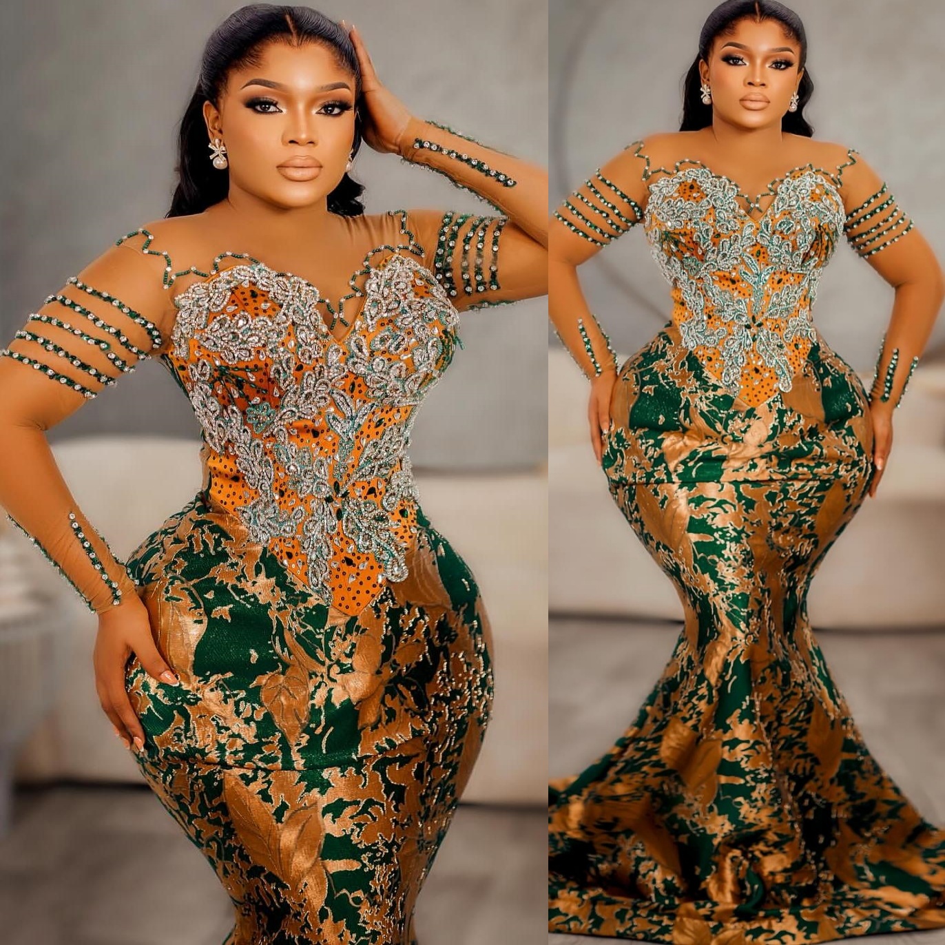 Gold Green Mermaid Prom Dresses 2025 Crystals Beaded Lace Evening Formal Party Second Birthday Engagement Gowns Plus Size Dress For Special Occasions 