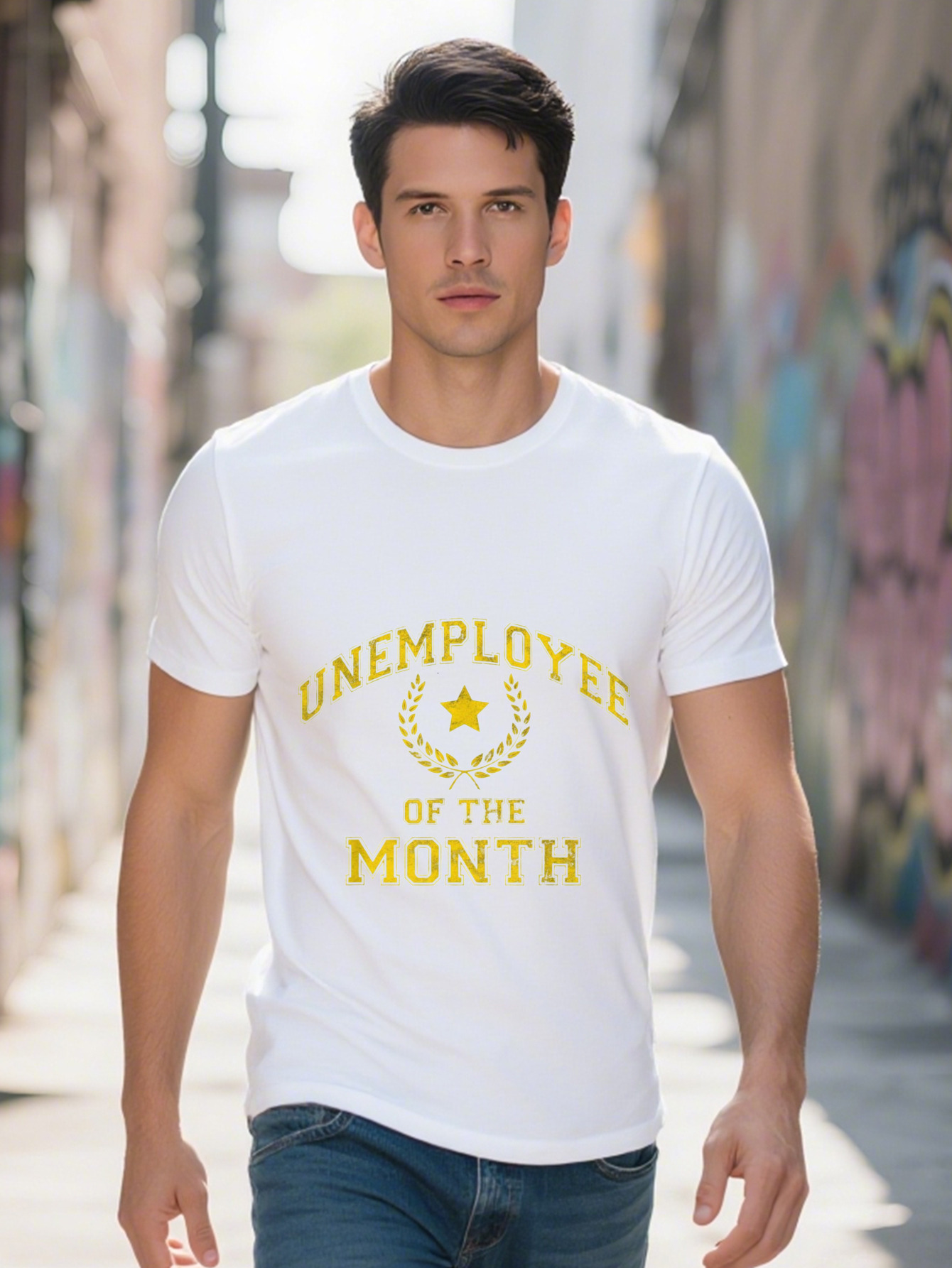 Men s Funny Unemployee of the Month Graphic T-Shirt Cotton Black with Yellow Print Casual Crew Neck Tee for 830c9