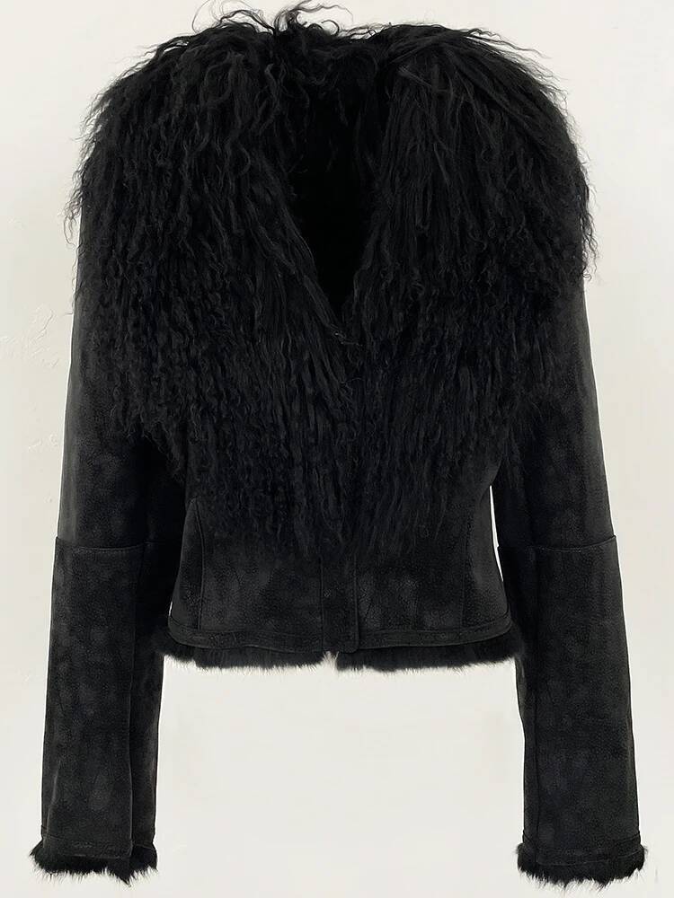 OFTBUY Suede Jacket Women Autumn Winter Fashion Short Warm Real Rabbit Liner Clothes Natural Mongolia Sheep Fur Coat Female