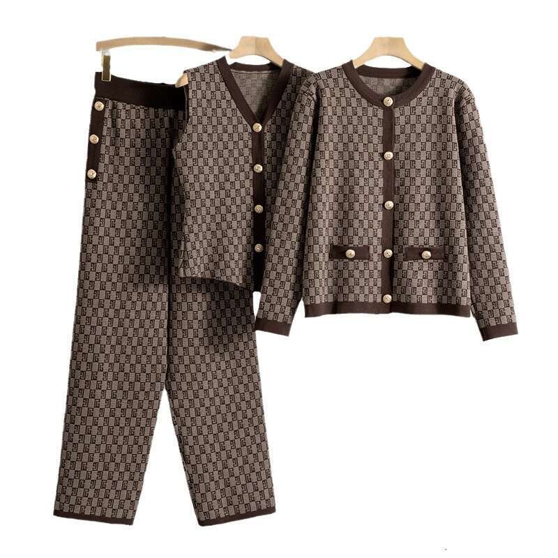 Women's Spring And Autumn Little Chanel Style Sleeveless Vest Cardigan Jacket Wide-Leg Pants Knitted Three-Piece Set