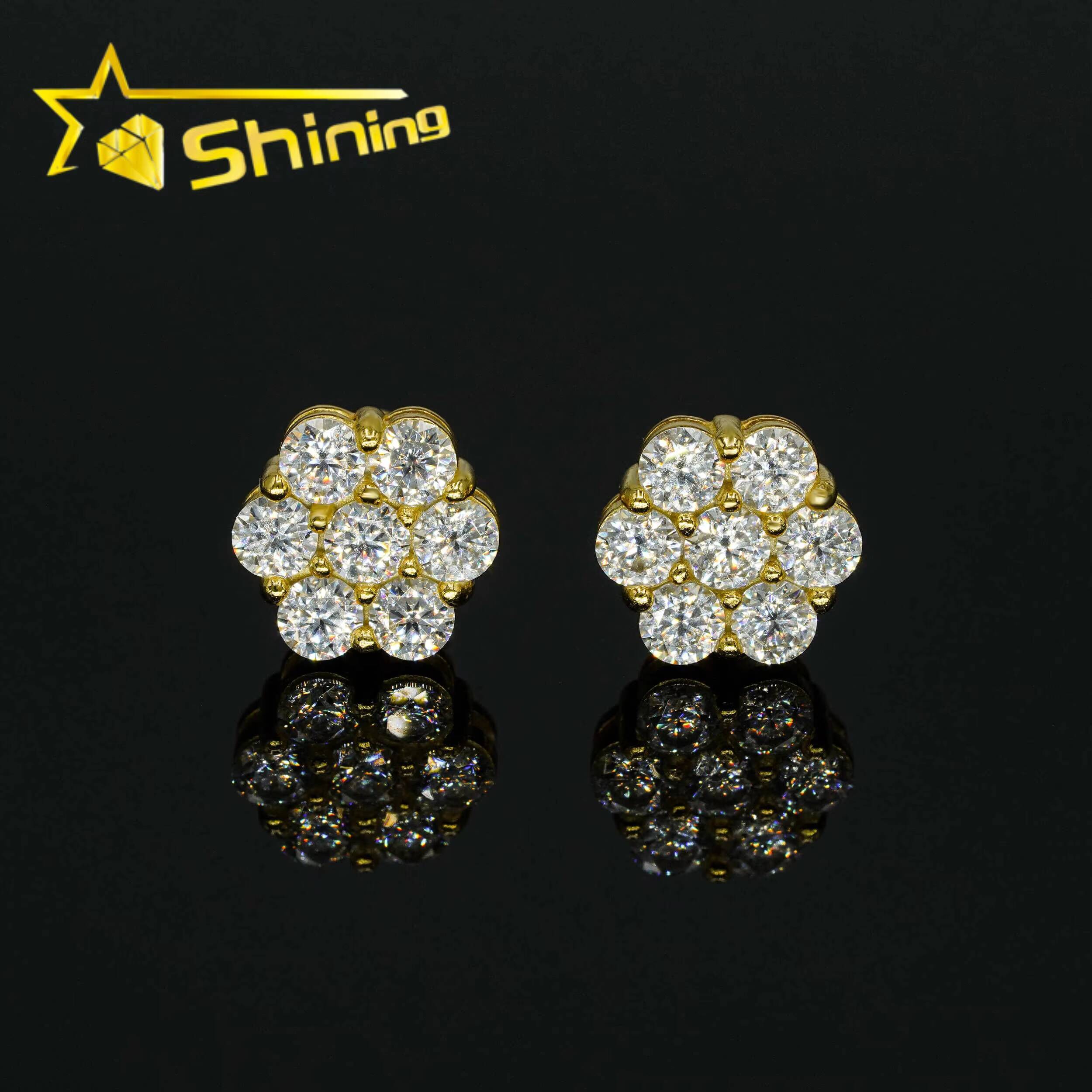 Hot Selling Gold Plated 925 Silver Flower Earrings GRA Certificated Screw Back Moissanite Cluster Ear Stud for Men Women