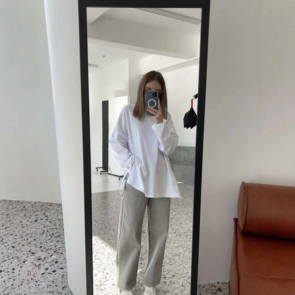 Style Loose Long Sleeve Split T-Shirt For Women, Solid Color 100% Cotton Top, Spring Summer Women's Clothing B5 b7