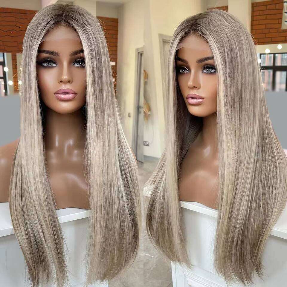 Full Human Hair for Women Highlight Ash Grey Blonde Straight with Silk Base Transparent Lace Front Wigs 10-30"