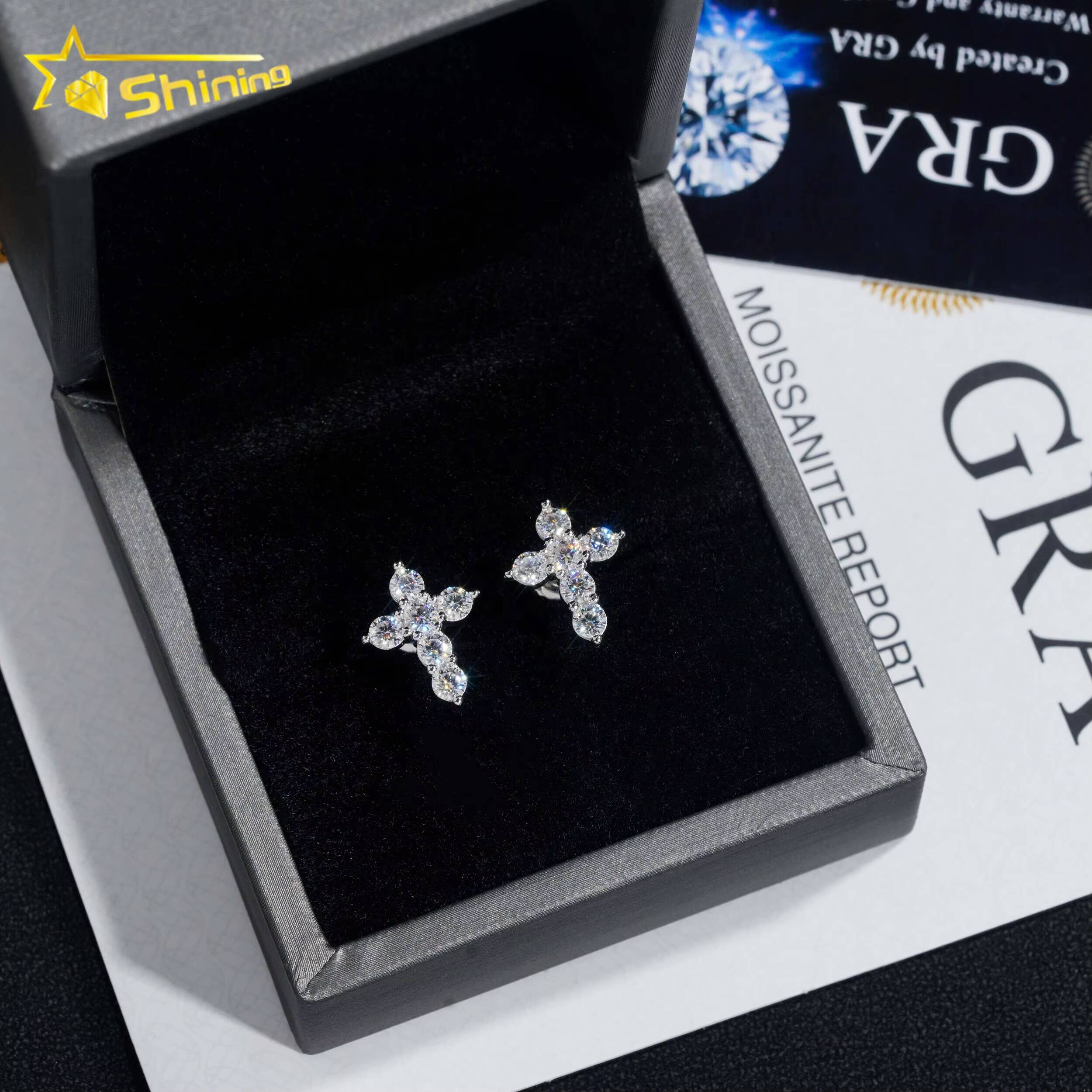 Hip Hop High Quality Wholesale 18k Gold Plated Cross Stud Mens Moissanite Earrings