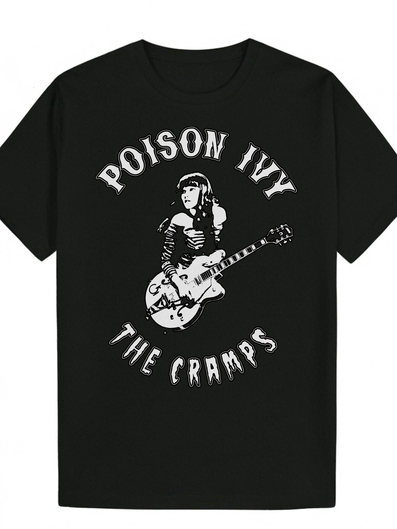 Men's Music Pattern Poison Ivy and Guitarist Design Black T-Shirt Lightweight Polyester Shirt for Concerts, Casual Wear - Machine Washable Garage