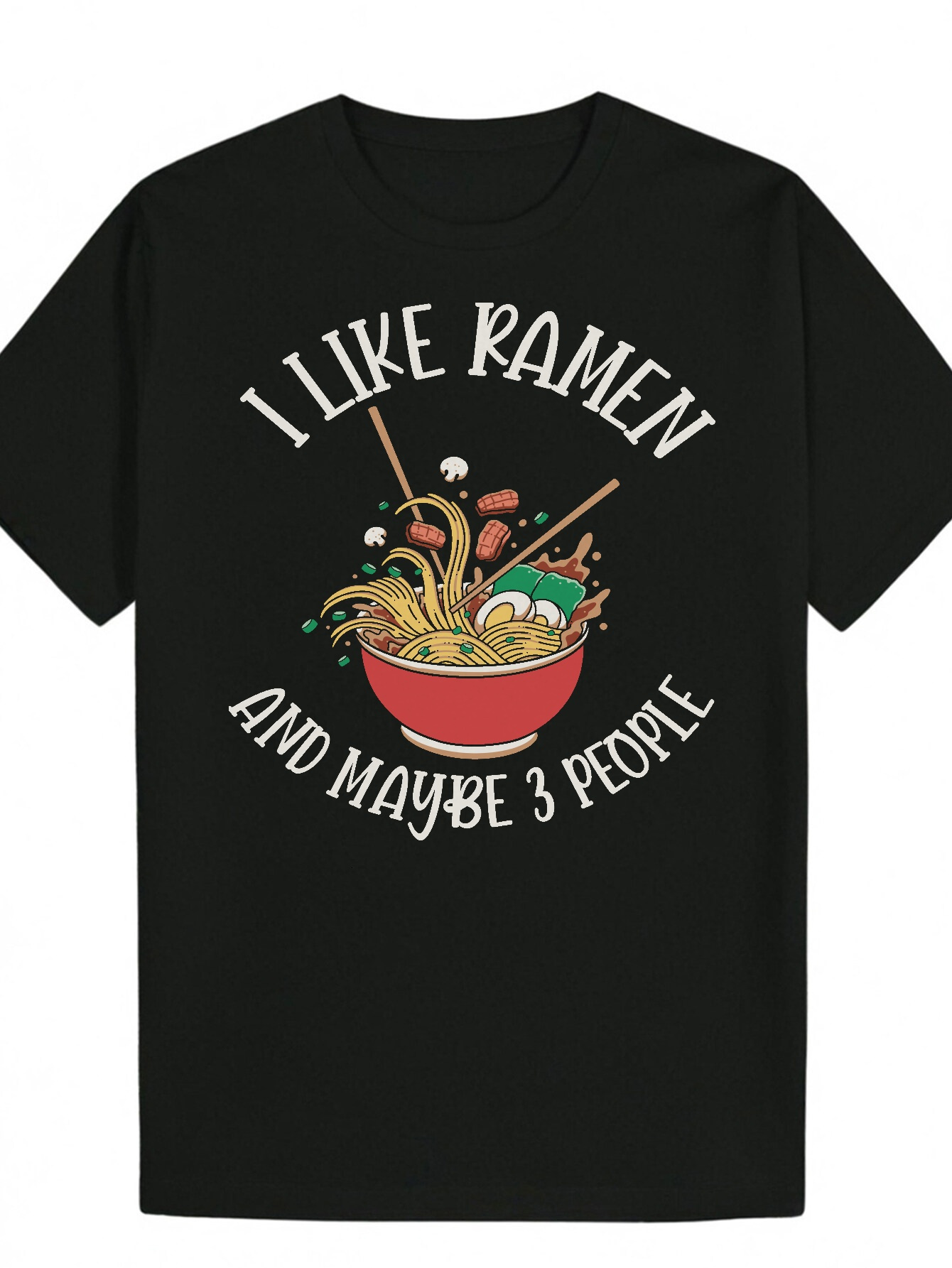 Round Neck Polyester T-Shirt with Fun Pattern "I Like Ramen, Maybe 3 People", Men's Short Sleeve T-Shirt, Loose Fit, Lightweight Fabric