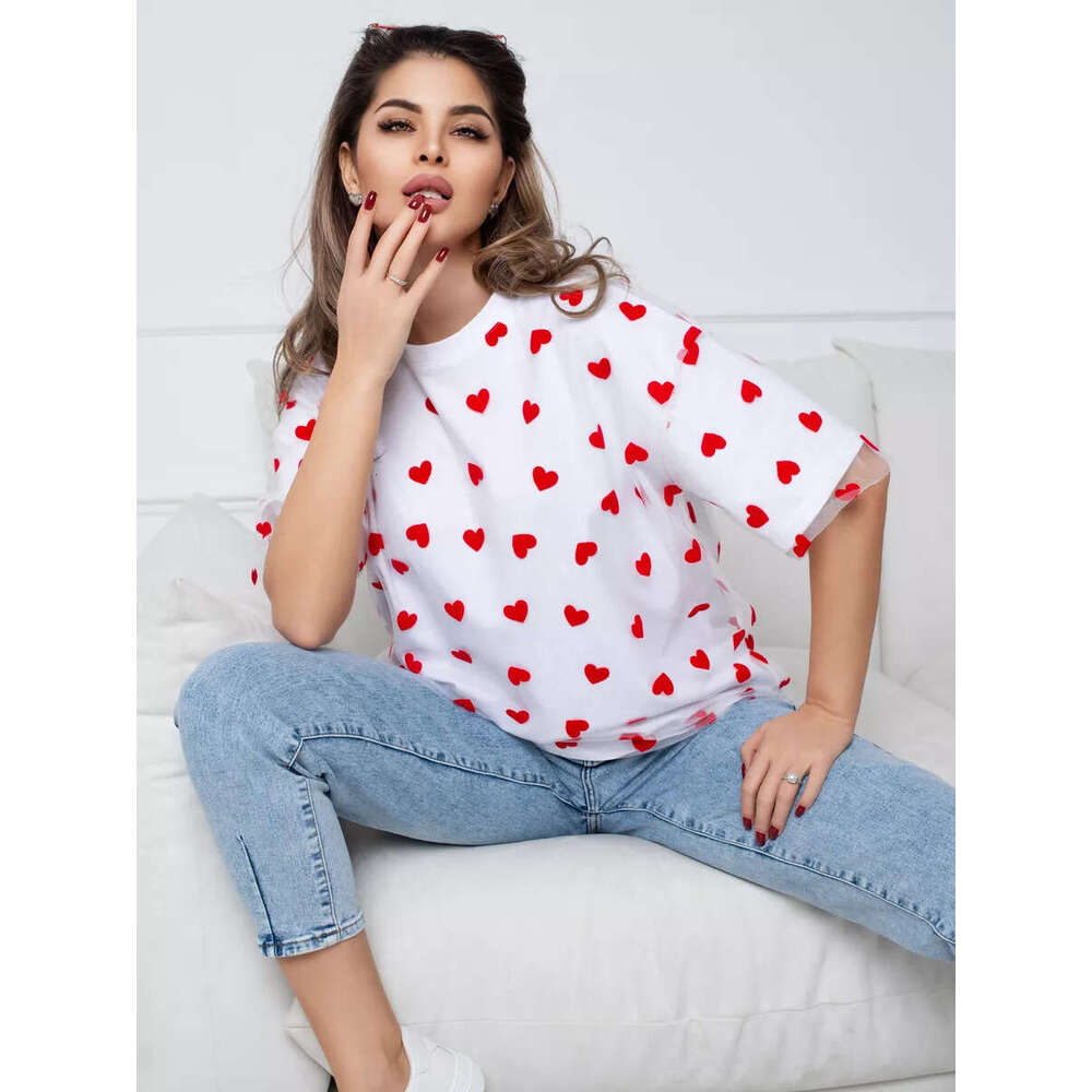 New Style Sexy Women's Heart Mesh Patchwork Loose Basic Round Neck Short Sleeve T-Shirt B5 b7