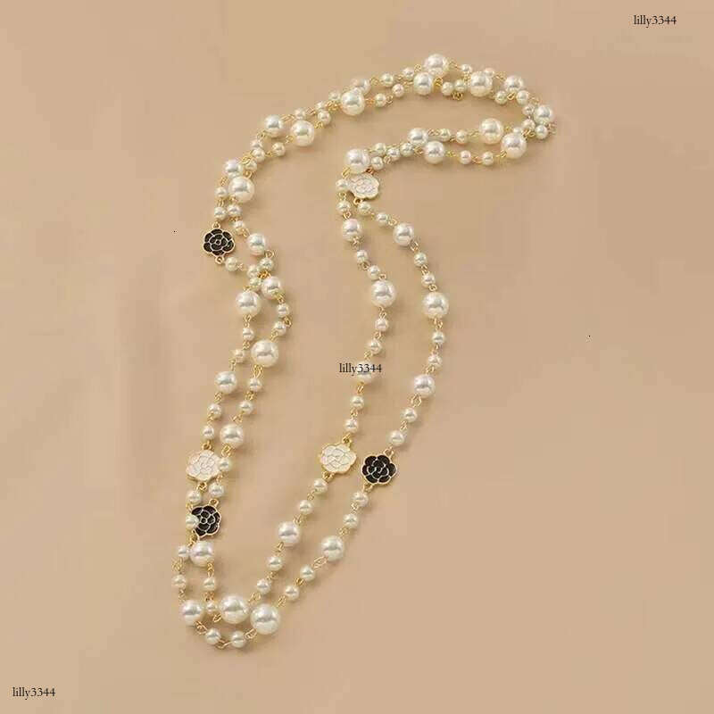 DHcollections NK-123 Oil Drip Rose Flower Style Pearl Layerable Long Sweater Chain Necklace Jewelry Wholesale
