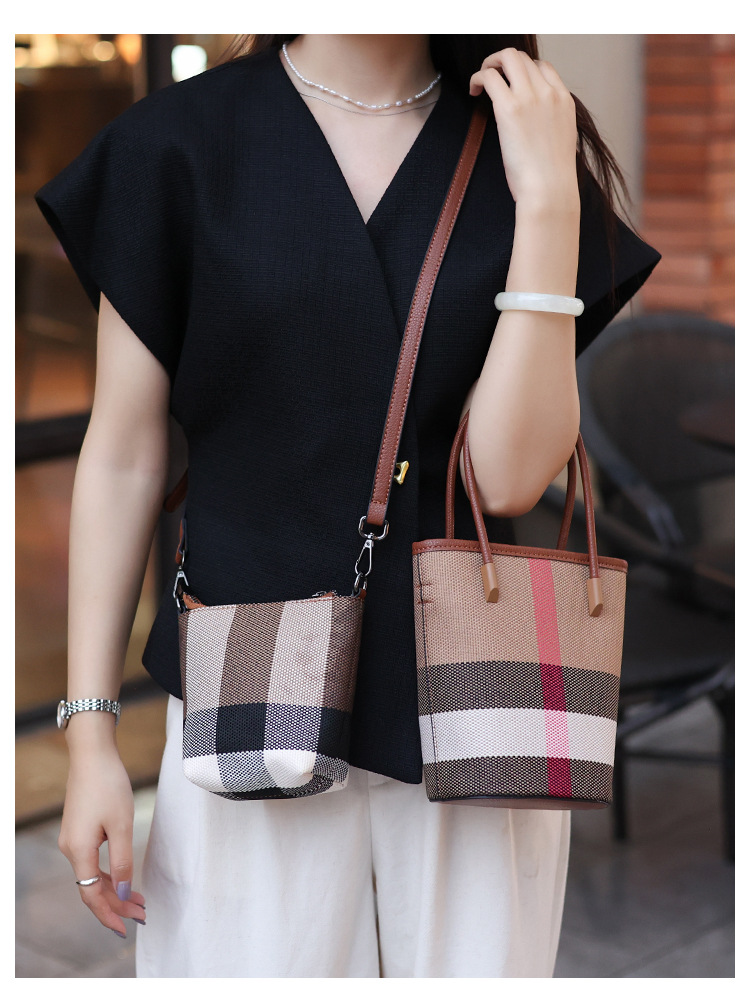 new stylish women's bags with a fashionable and high - quality feel Made of genuine leather and canvas featuring a checkered pattern Includes tot