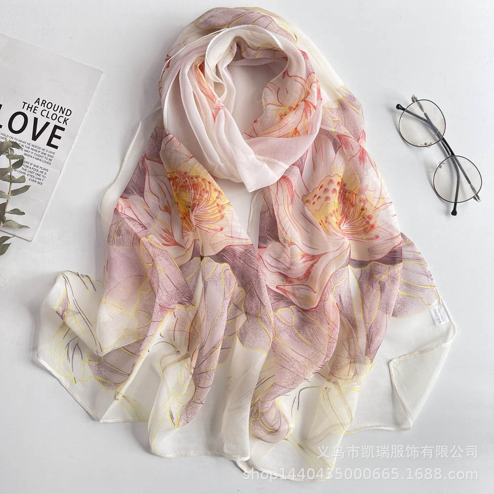 K1581 Thin silk scarf spring and summer spinning chiffon imitation silk scarf long printed women's lotus decoration beach towel wholesale
