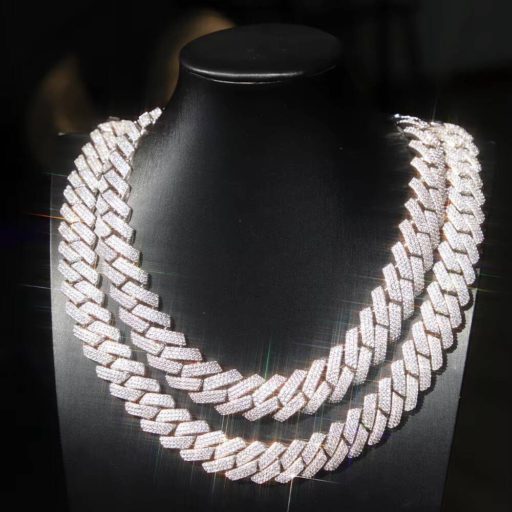 Heavy Silver 15MM 20MM 3Rows Cuban Chain Necklace White Gold Plated Moissanite Diamond Cuban Link Chain