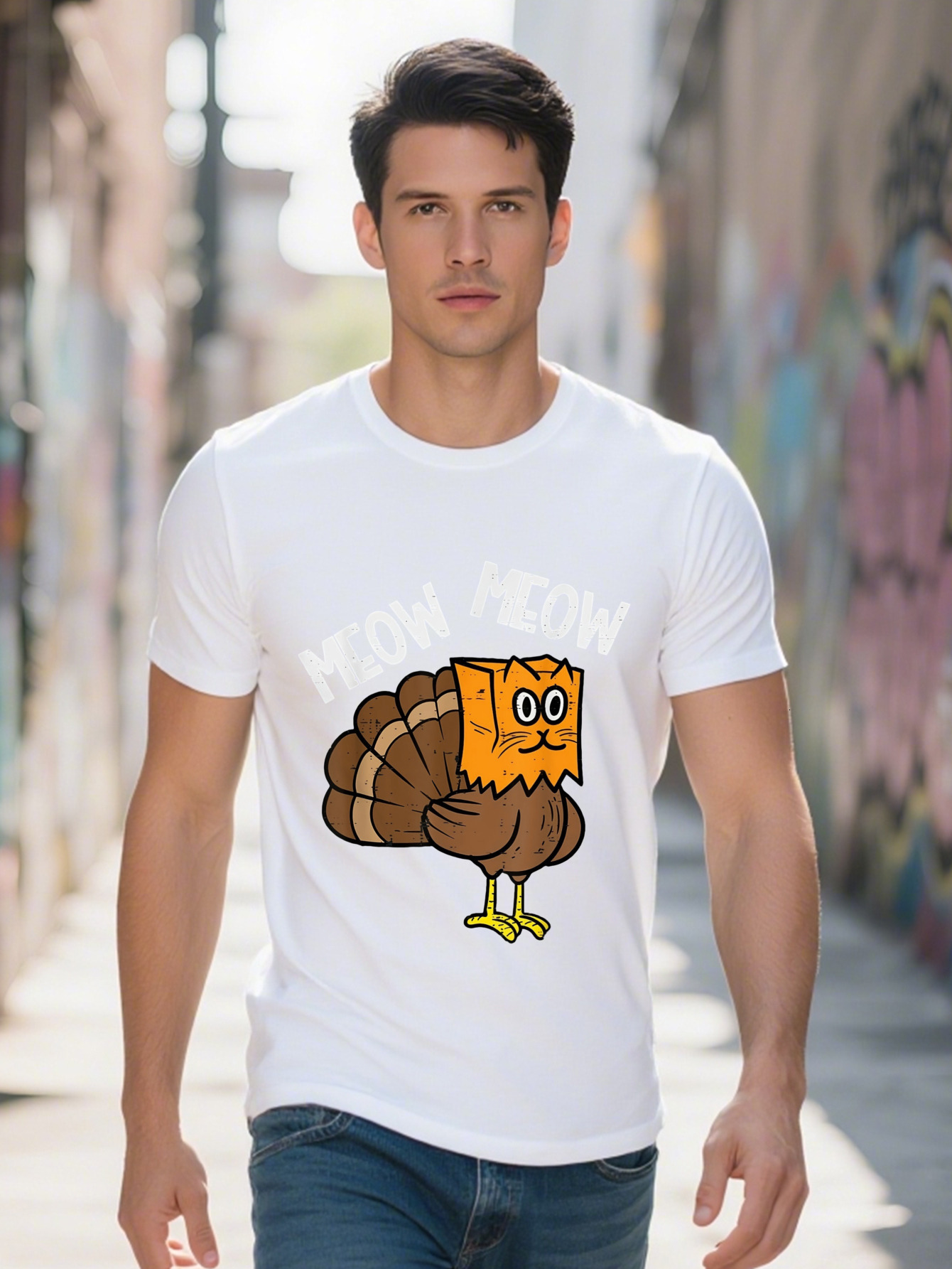 Turkey Paper Bag Meow Funny Thanksgiving Cat Men T Shirt aa0fd