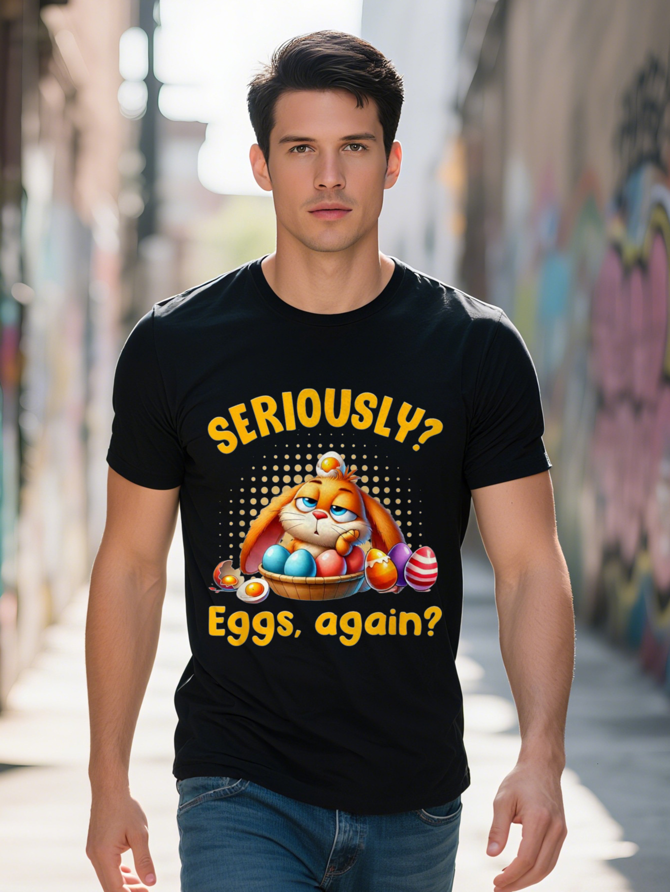 Men s g Cotton T Shirt Easter Egg Joke Design with Cartoon Rabbit Seriously Eggs Again Print Black Short 5195d e57e0