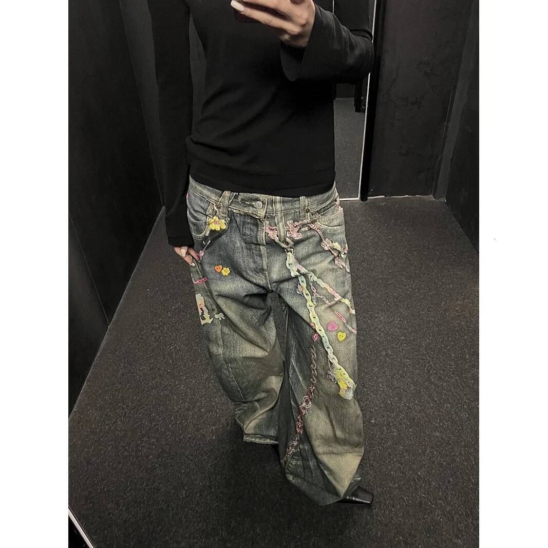 Street 3D Printed Candy Chain Denim Washed Baggy Fashion Curved Blade Harem Jeans Pants Men Y2k Wide Leg Trousers