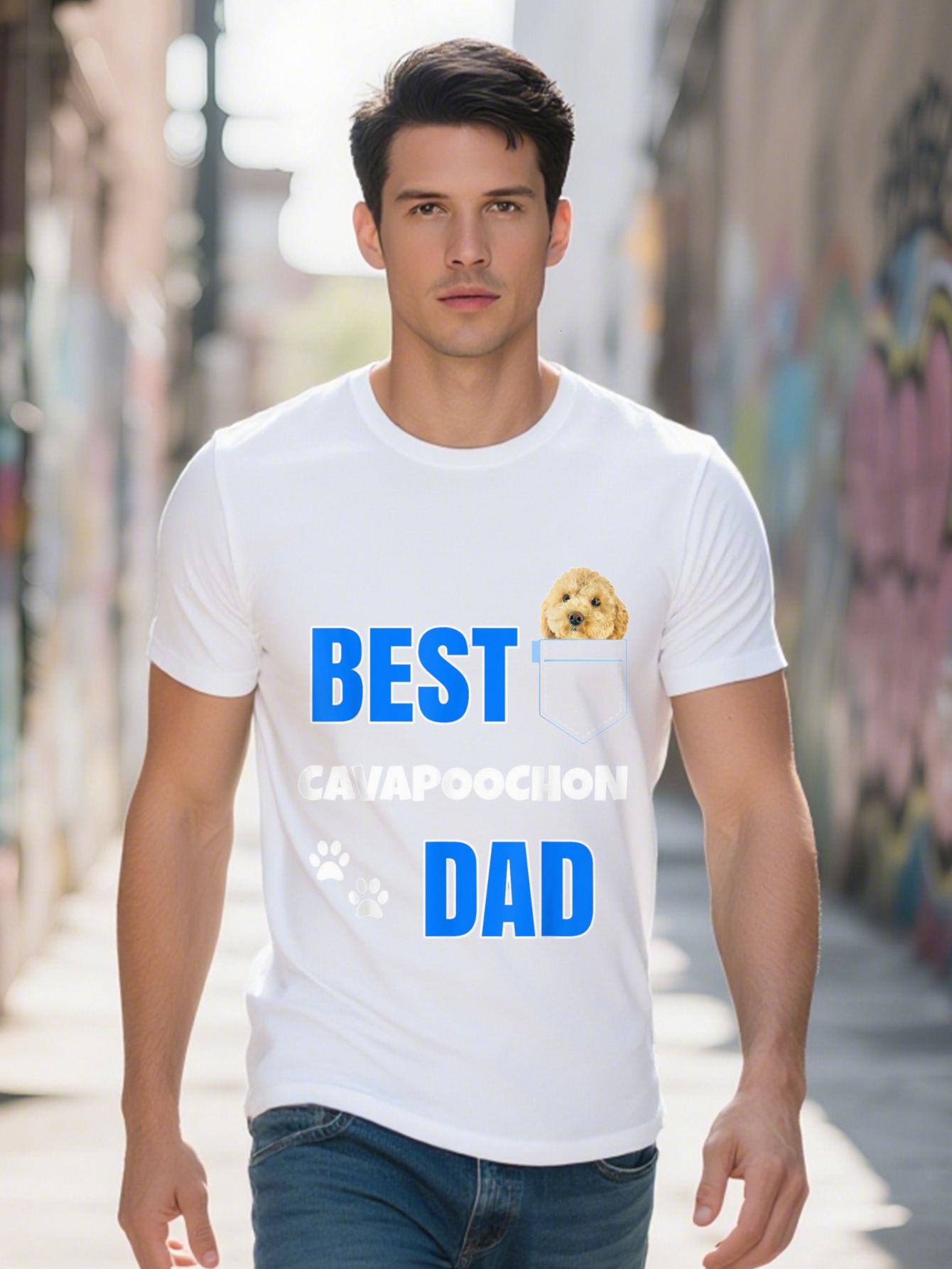 Men's T-shirt Cotton Cavapoochon with Pocket Puppy Dog Lover Cute Best Poodle Dad T Shirt