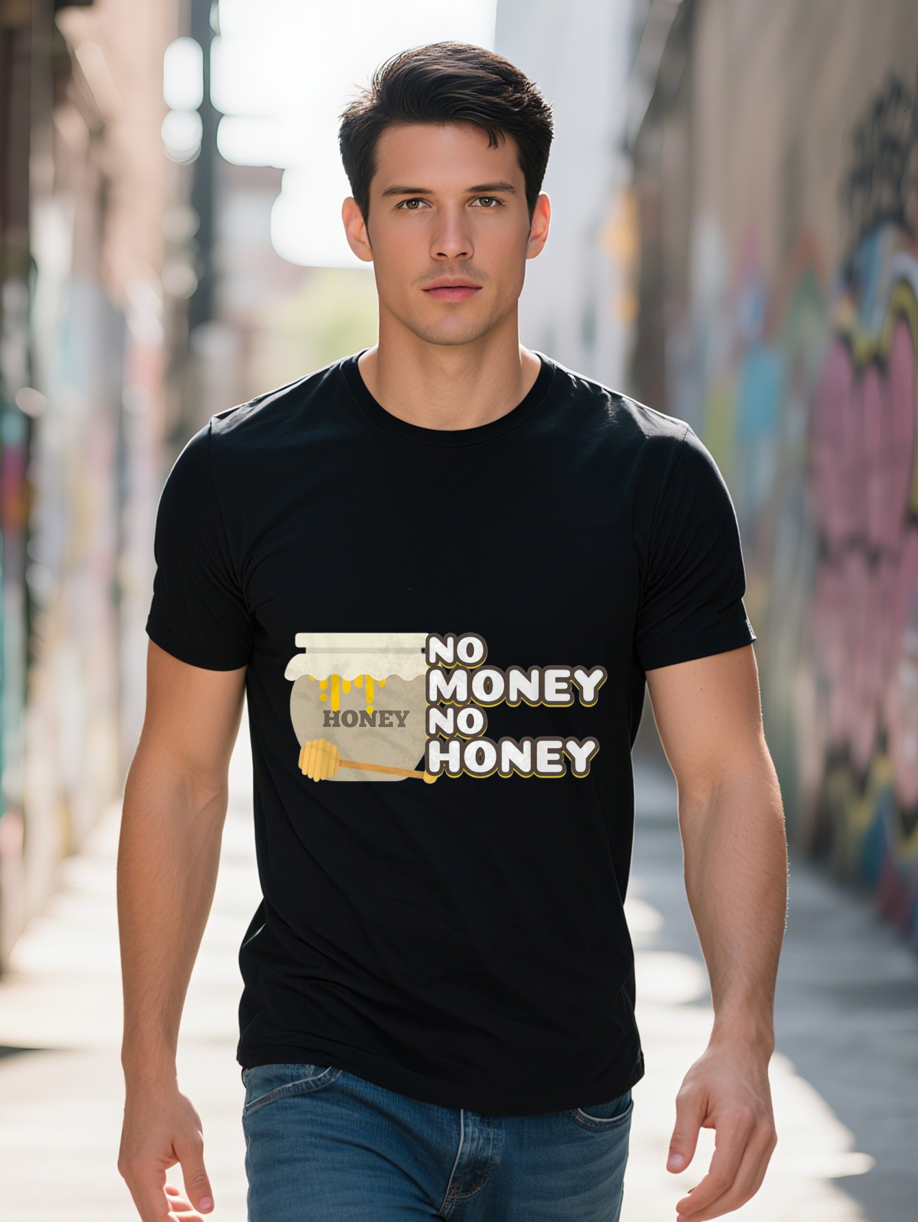 Men s Honey No Money Funny Beekeeper Graphic T-Shirt Cotton Short Sleeve Comfortable Black with Yellow 94e25