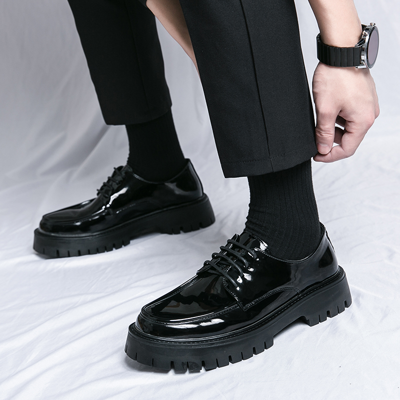 21289- Korean version autumn shiny lace up business leather shoes men's fashion big head business dress height increasing thick soled derby shoes