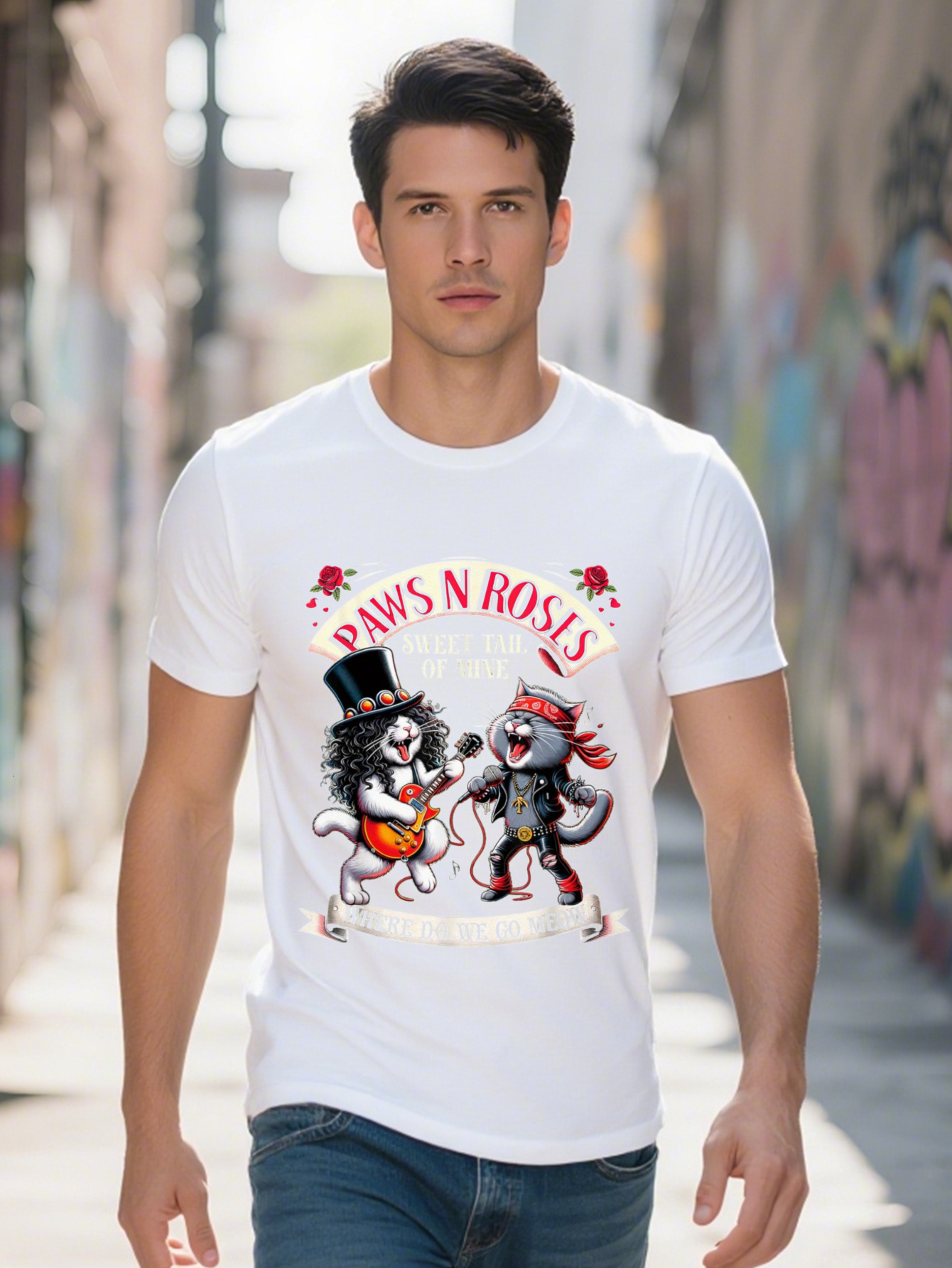 Funny Rock Cats Playing Guitar Graphic T Shirt PAWS N ROSES Sweet Tail of Mine Design Cotton Breathable Short ca9ef