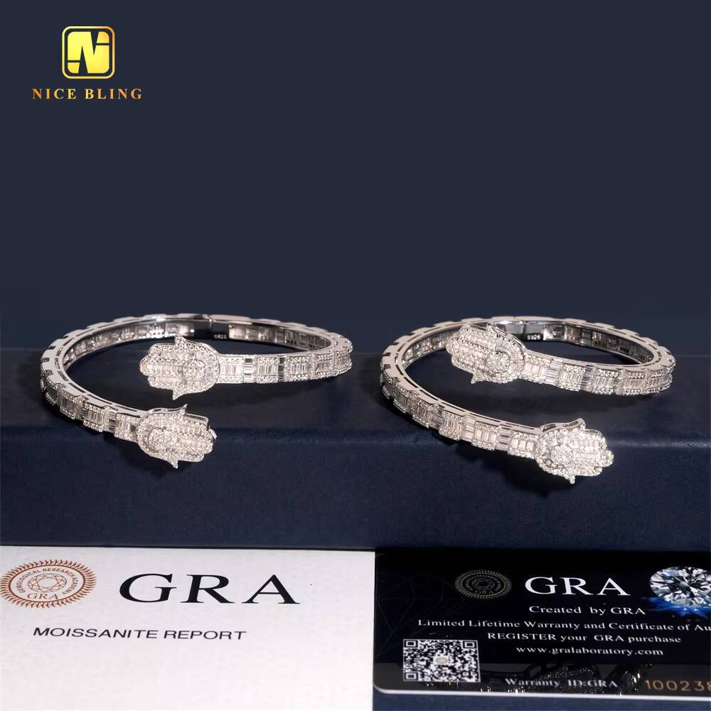 New Design Hamsa Hand Bangle Fine Hip Hop Jewelry Silver Plated Baguette Custom Iced Out 925 Silver VVS Moissanite Bracelet