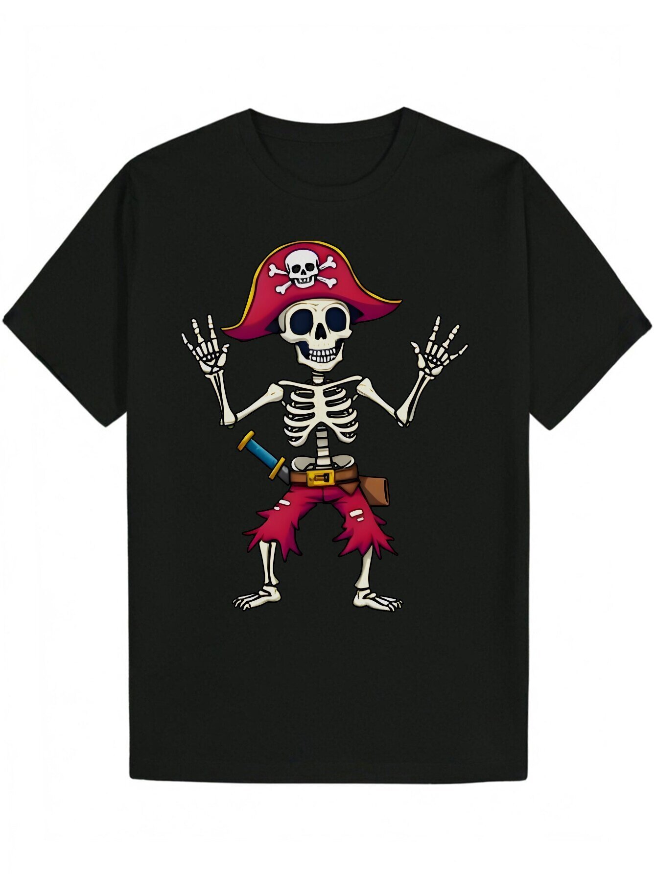 Men's Summer Crew Neck - Black Polyester Pattern T-Shirt with Pirate Skull Design, Lightweight, Machine Washable, Suitable for Casual Wear 20d1e