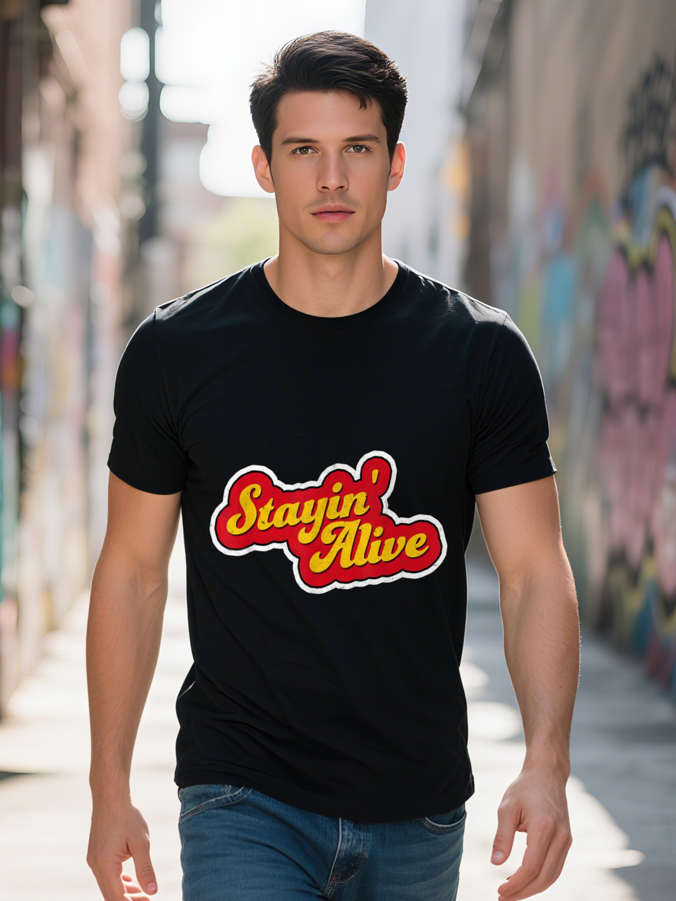 Men Stayin Alive Vintage s Disco Graphic T Shirt Cotton Black with Red Yellow Retro Print Crew Neck 9c4fc d5807