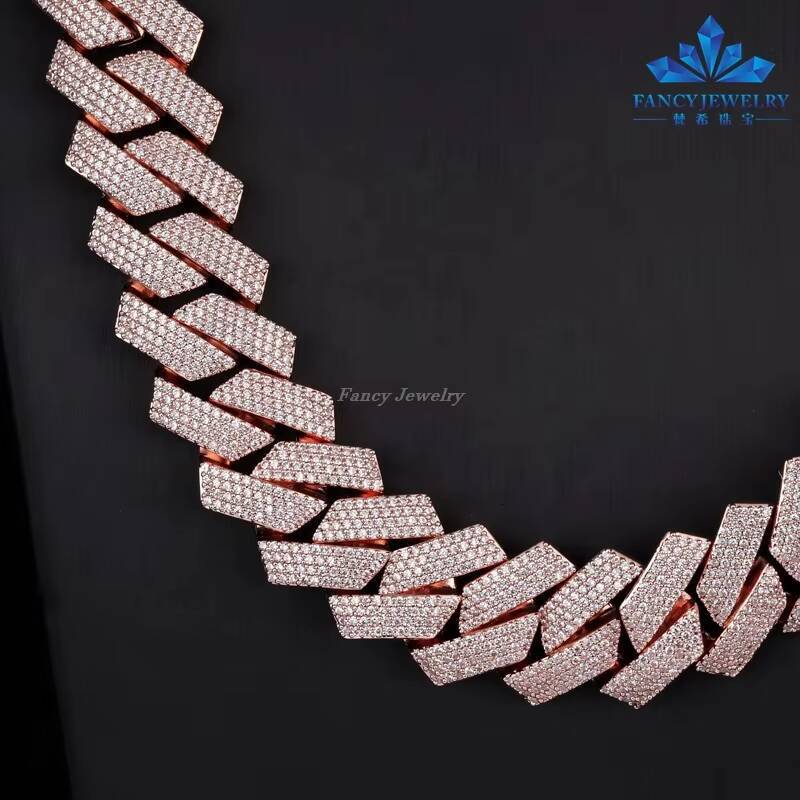 Drop Shipping Rose Gold Plated 925 Silver 4 Rows Hip Hop Iced Out Classical Style Chain 16mm 18mm 20mm Cuban Link Necklace GRA